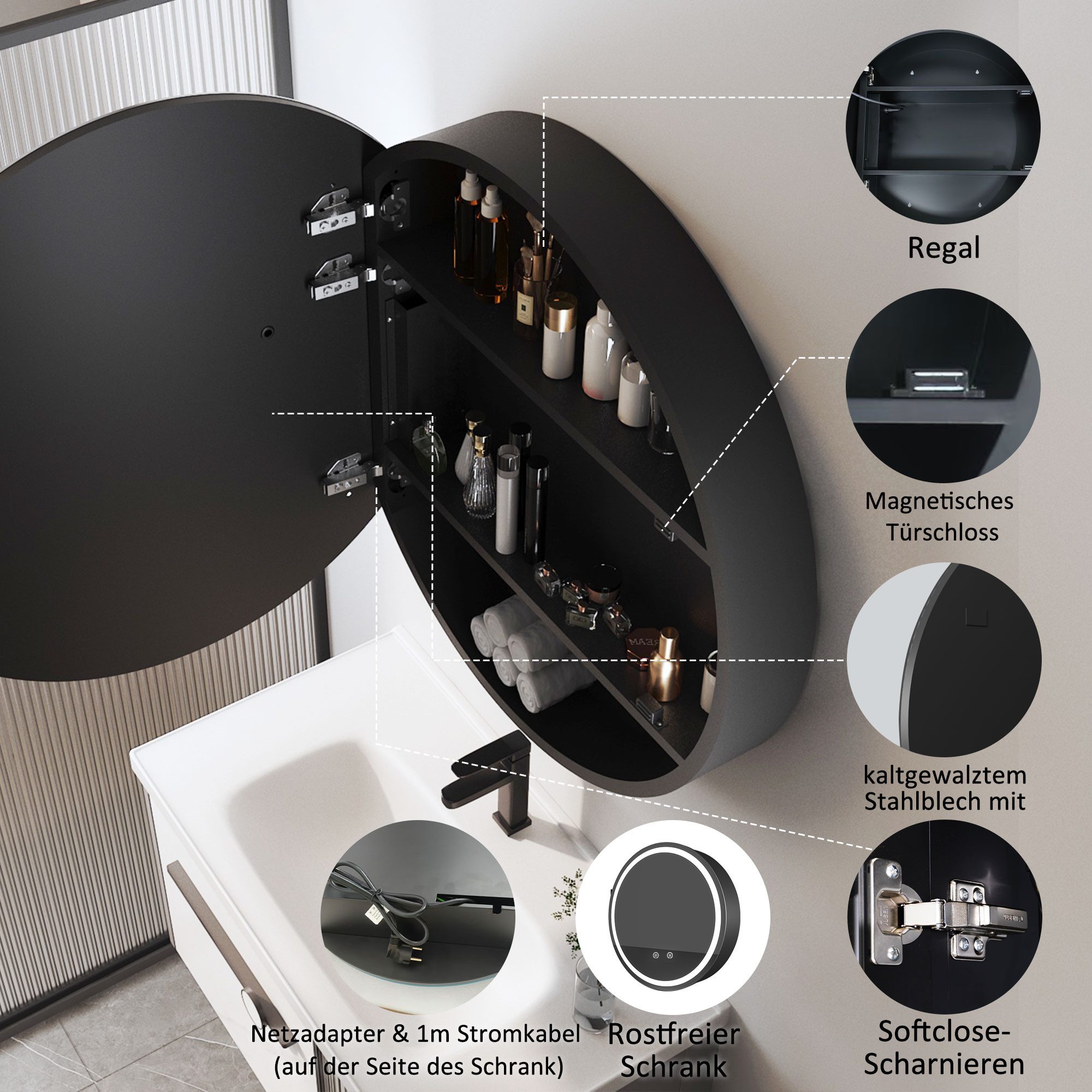WDWRITTI Spiegelschrank Bad mit Beleuchtung Badezimmerspiegelschrank mit LED ∅80cm, ∅60cm (Wandschrank Badezimmer Rund 60x60cm 80x80cm, 3Lichtfarben, Dimmbar, A – Bild 4 von 5