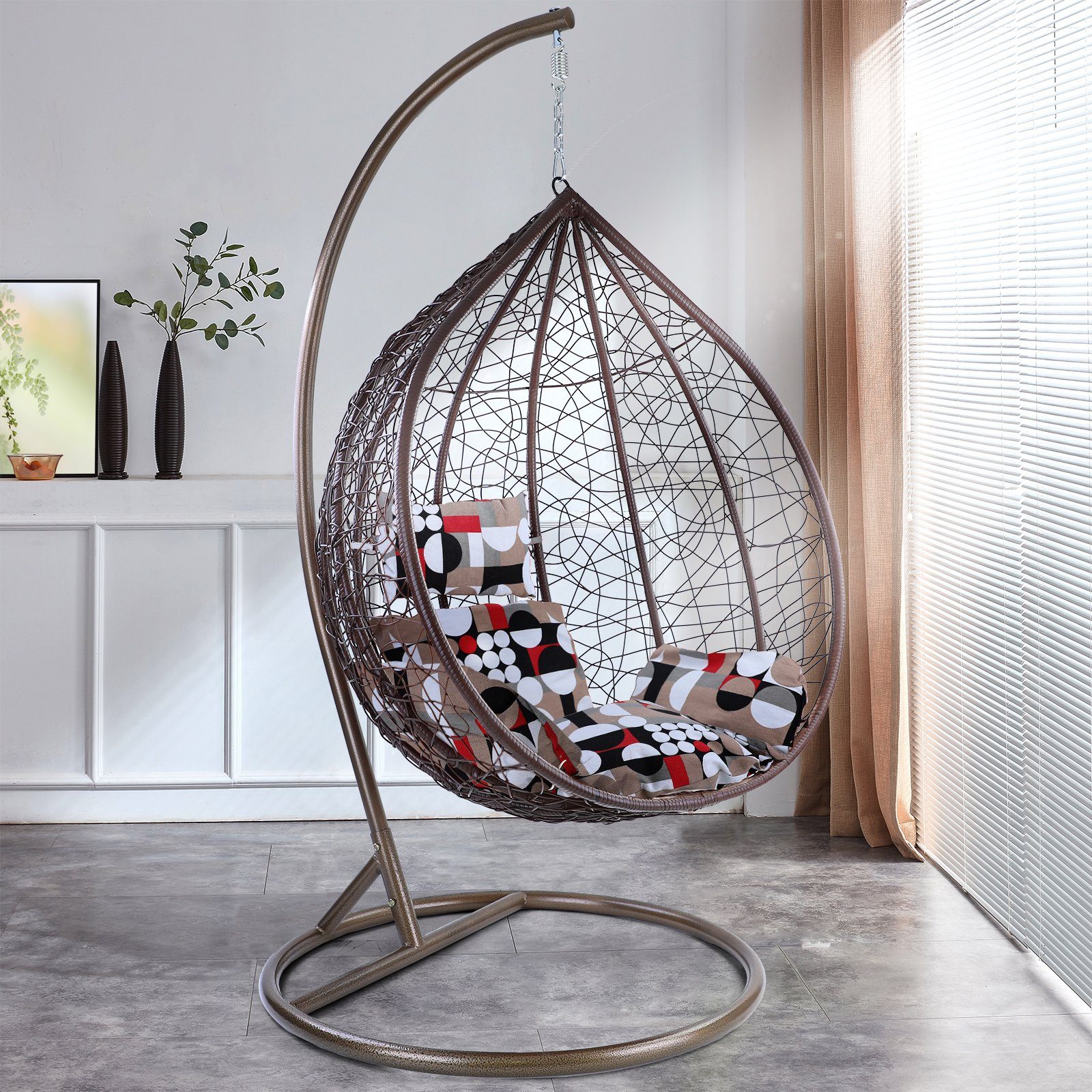 RAMROXX Hängesessel Hängesessel Miami XXL Polyrattan Korb Gestell braun
