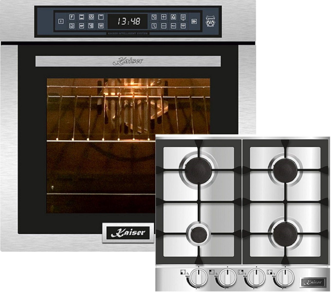 Kaiser Küchengeräte Backofen-Set Herd Set Einbau Elektrobackofen,Edelstahl,86 L 15 Fkt., LED-Display+Gaskochfeld 60 cm, Edelstahl Einbau Herd 3,8 kW WOK EH 6306 N R+KG 6357, mit 1-fach-Teleskopauszug