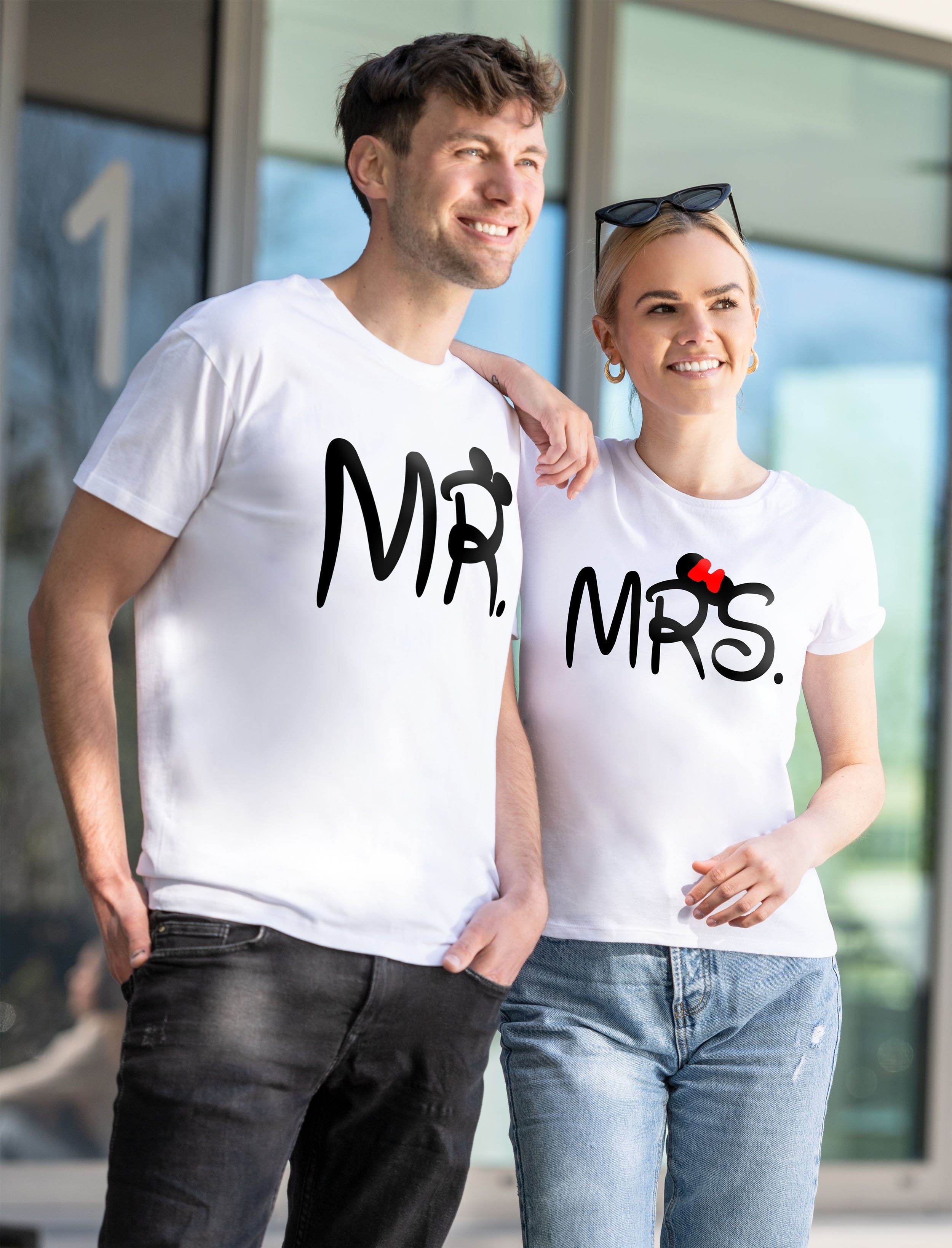 mit Misses T-Shirt Couples T-Shirt Print lustigen Damen Weiß Mr. Mrs. Partner Look & (1-tlg) Shop / Mister