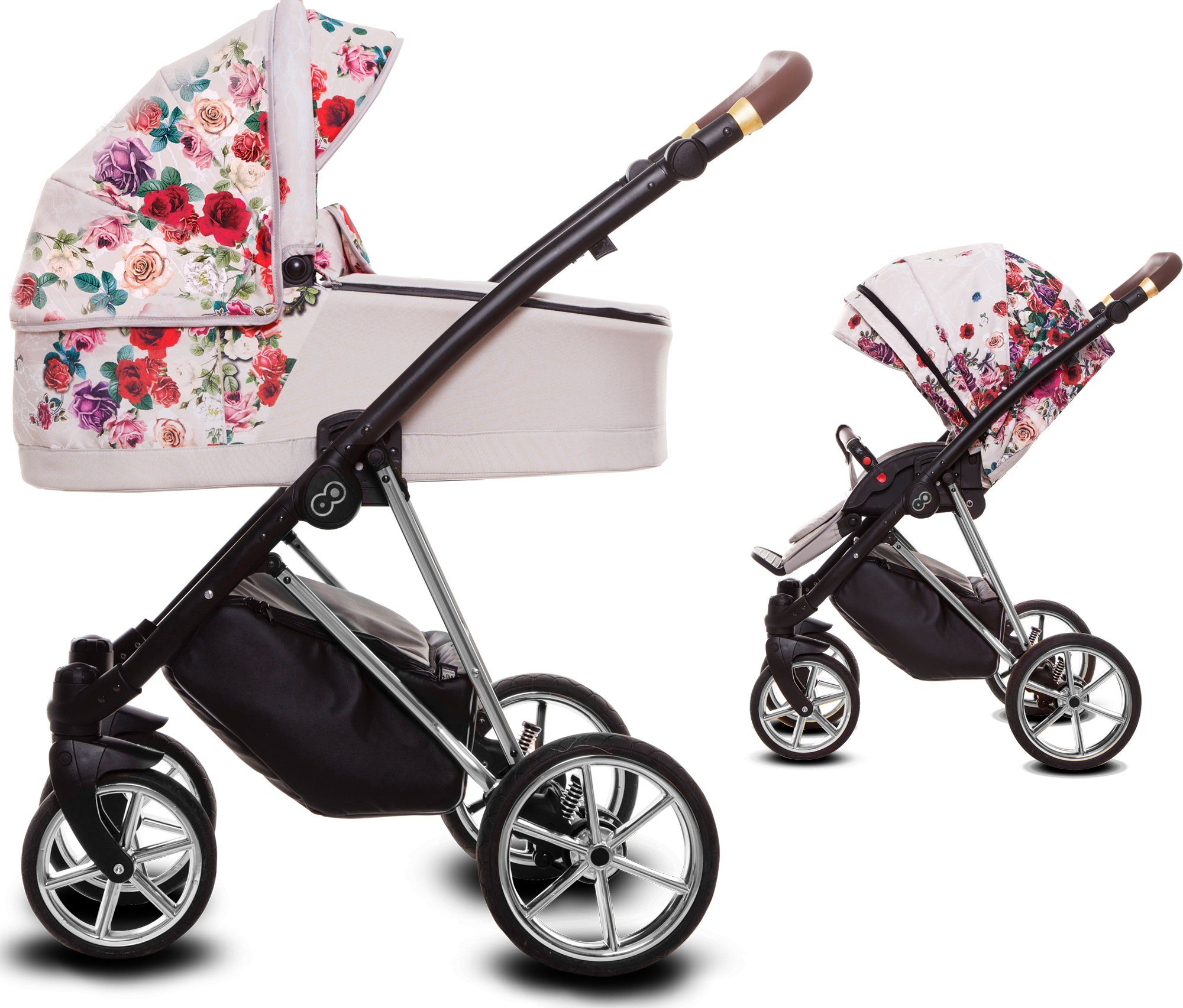 TPFLiving Kombi-Kinderwagen 2in1 Musse Light Rose, Baby Buggy Babywanne Windeltasche Moskitonetz, Regenschutz Kinderwagen 2 in 1 inkl. Zubehör, Gestell Silber | Kombikinderwagen