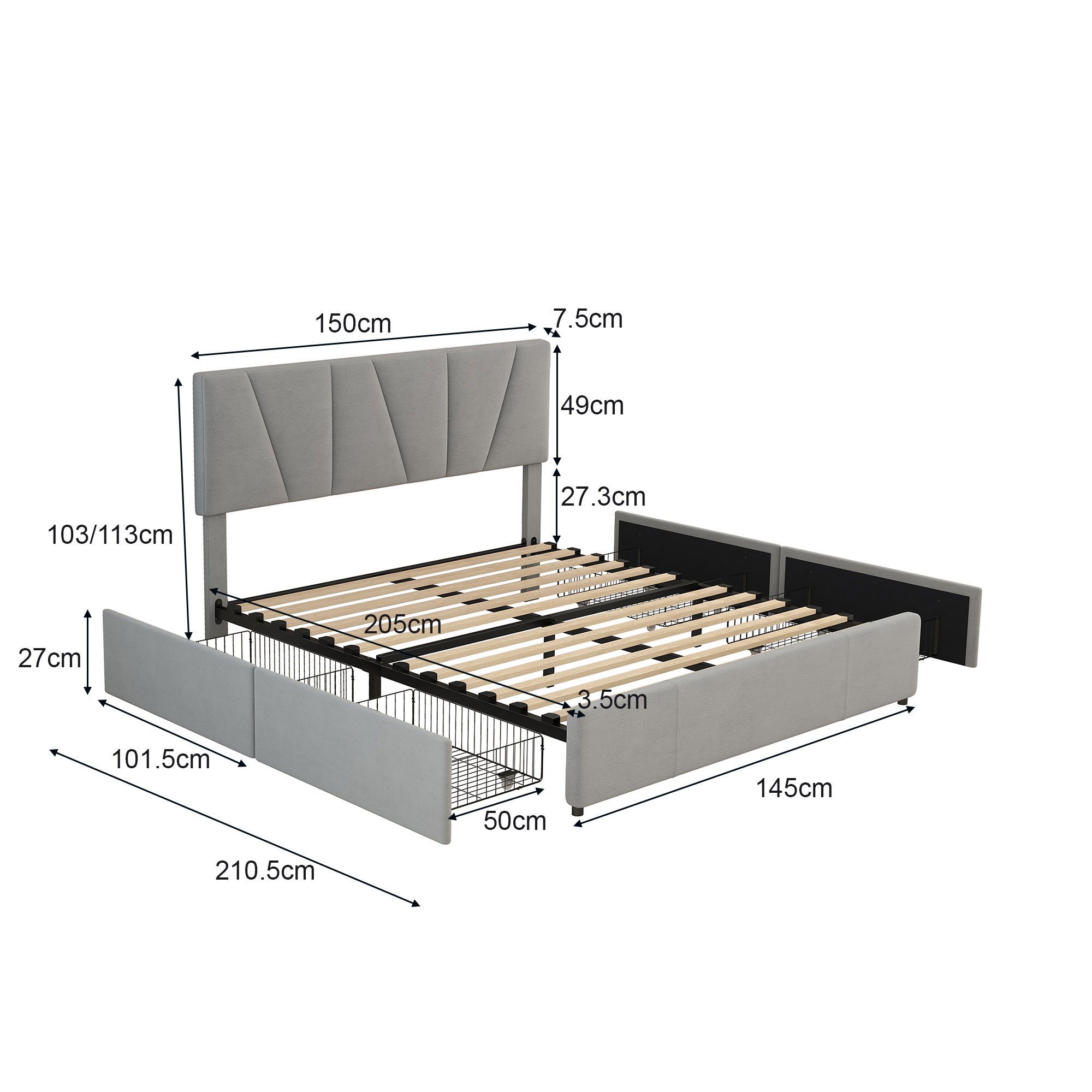Flieks Polsterbett, Doppelbett Massives Holzbett Samt 140x200cm ohne Matratze