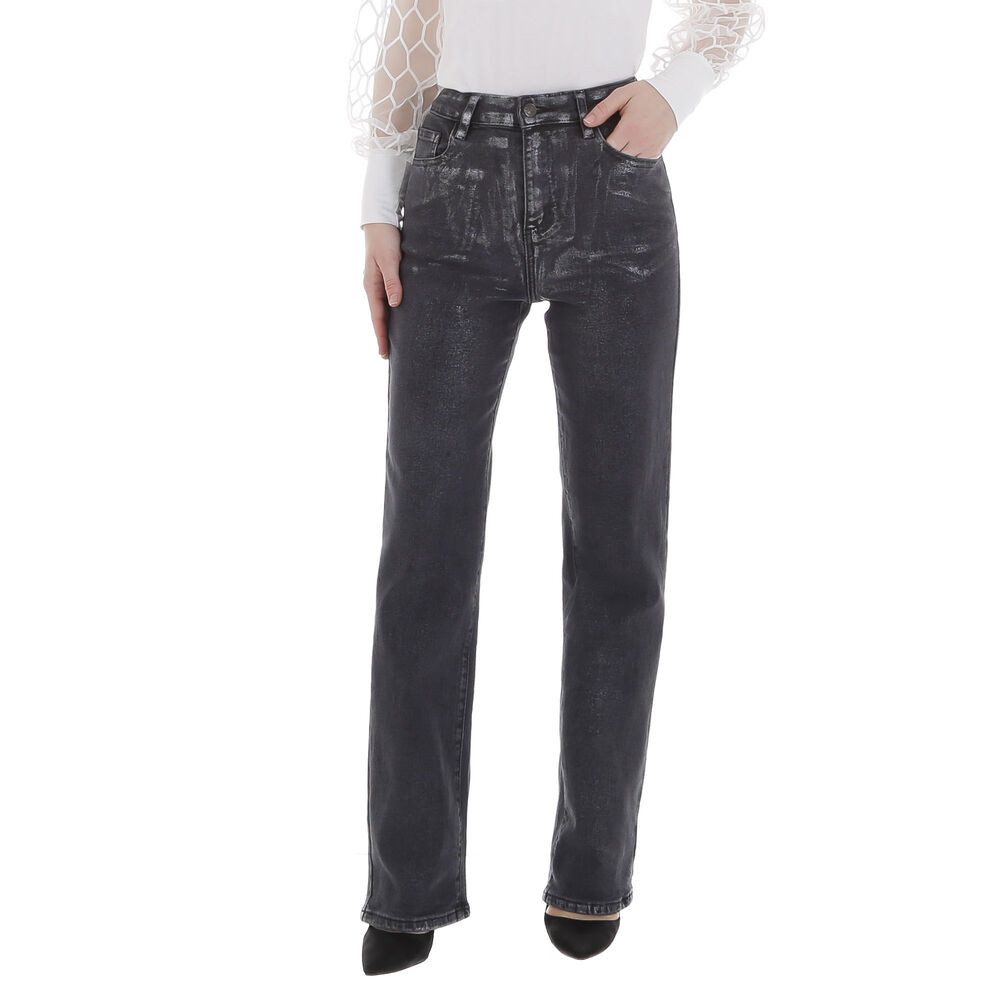 Ital-Design Straight-Jeans Damen Party & Clubwear (86359024) Destroyed-Look Glänzend High Waist Jeans in Dunkelgrau