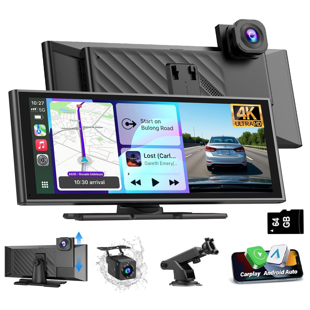 ESSGOO 10,26 Zoll 4K+1080P Apple Carplay Android Auto BT Dashcam Autoradio Dashcam (HD, Tragbar Autoradio Rückfahrkamera IPS Touchscreen GPS Navi FM AUX)
