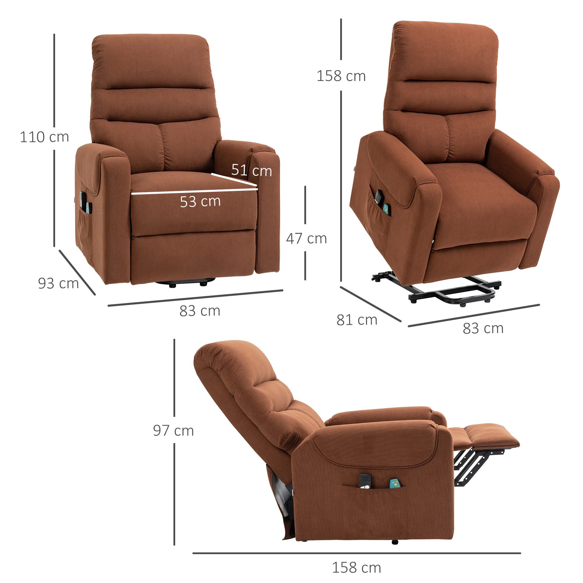 HOMCOM Massagesessel Fernsehsessel mit Aufstehhilfe, Massagesessel mit Liegefunktion (Set, 1-St., Massagesessel), Massagesessel mit Liegefunktion, Braun – Bild 3 von 5