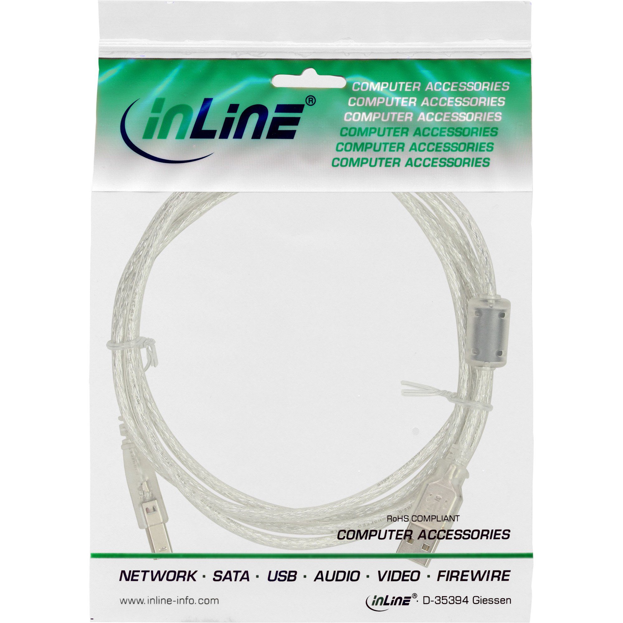 Inline InLine® USB 2.0 Kabel, A an B, transparent, mit Ferritkern, 3m USB-Kabel