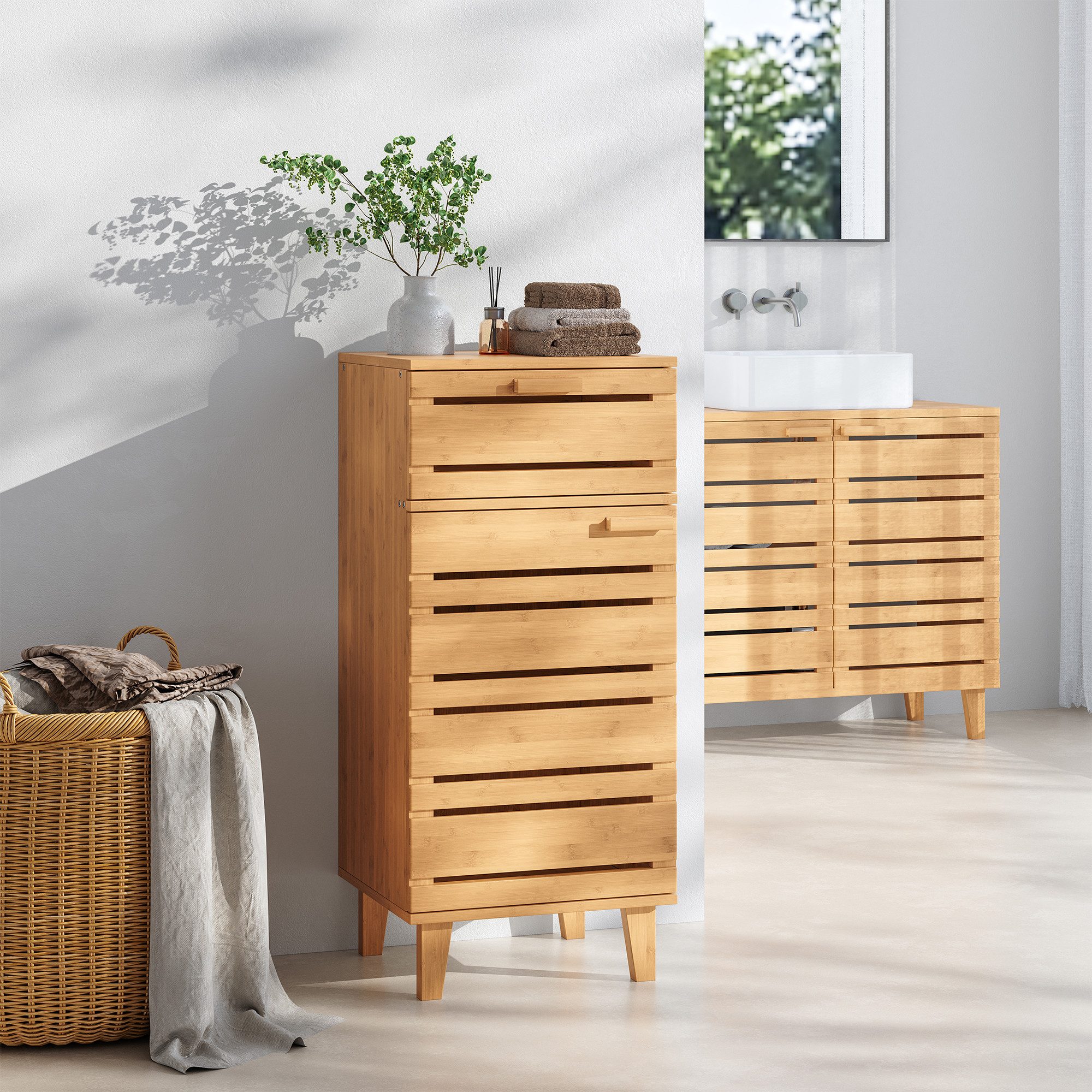 en.casa Midischrank »Epind« Badezimmerschrank 75 x 33 x 30 cm Bambus Natur