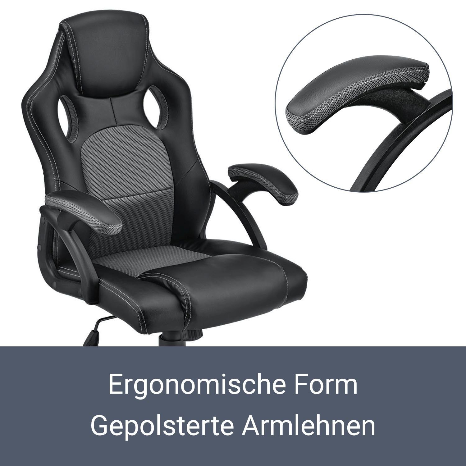 Rückenlehne Grau Ergonomisch Montreal, geformte kippbar Schwarz, Juskys Sitzfläche, Sitzfläche und Gaming-Stuhl