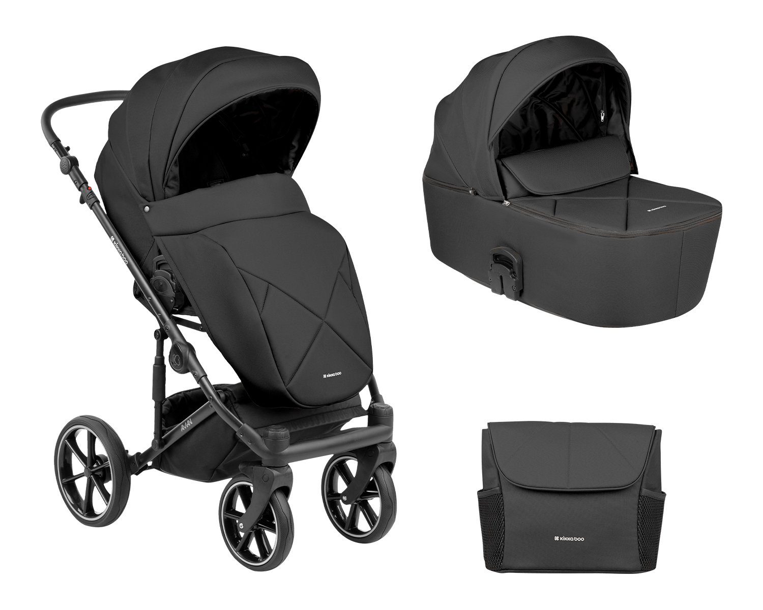 Kikkaboo Kombi-Kinderwagen Kinderwagen Amani 2 in 1, Babywanne, Sportsitz, Wickeltasche, Matratze schwarz