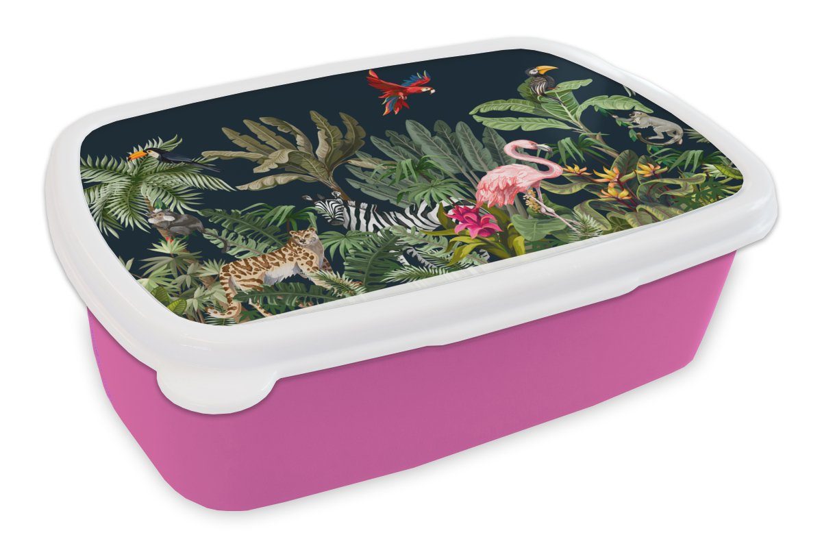 MuchoWow Lunchbox Dschungel - Pflanzen - Tiere - Kinder - Flamingo - Zebra, Kunststoff, (2-tlg), Brotbox für Erwachsene, Brotdose Kinder, Snackbox, Mädchen, Kunststoff rosa