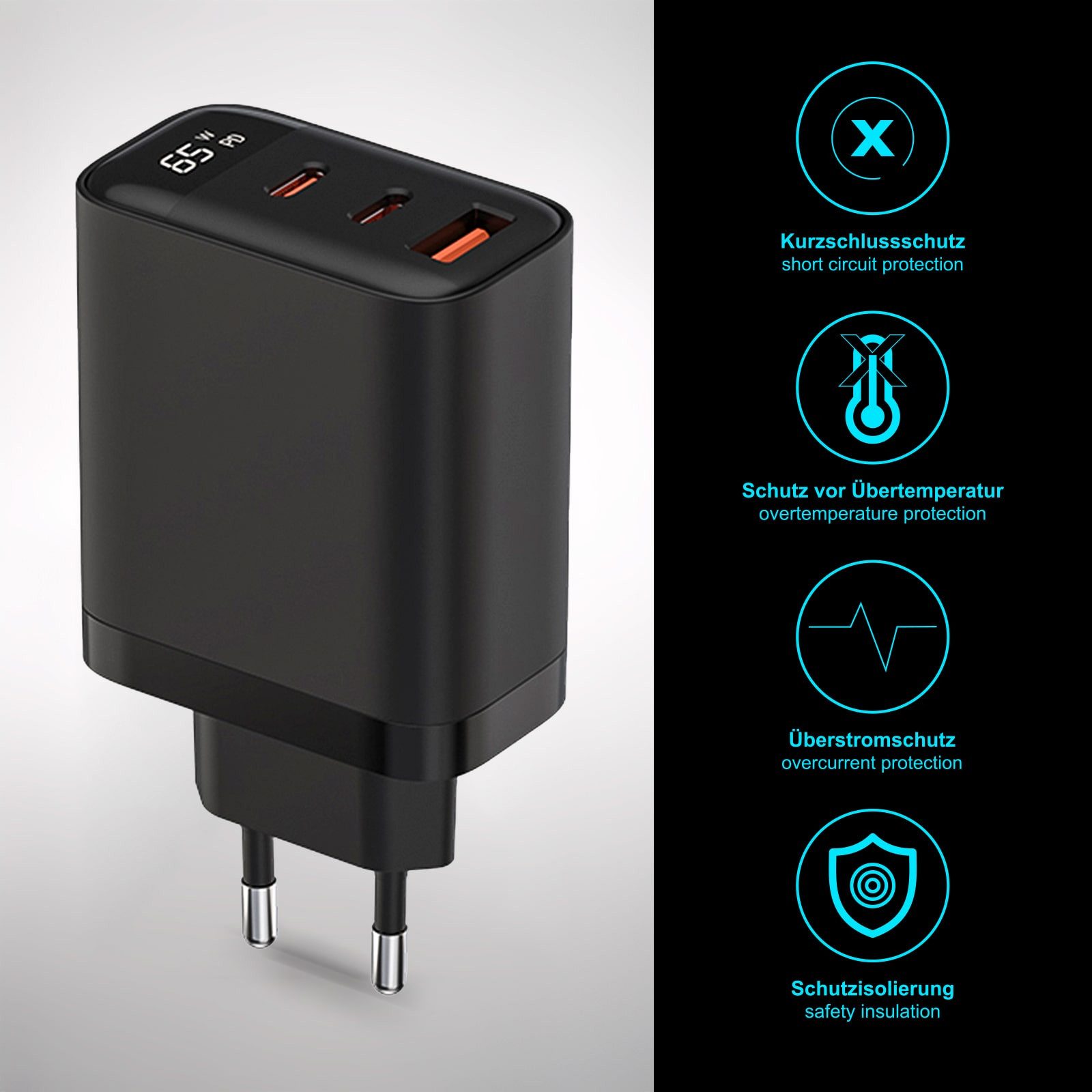 EAXUS 3-Port USB-C Netzteil 65 Watt mit Display - für iPhone, iPad, Handy Universal-Ladegerät (Schnellladegerät auch für Macbook & Laptop, Schwarz) – Bild 2 von 5