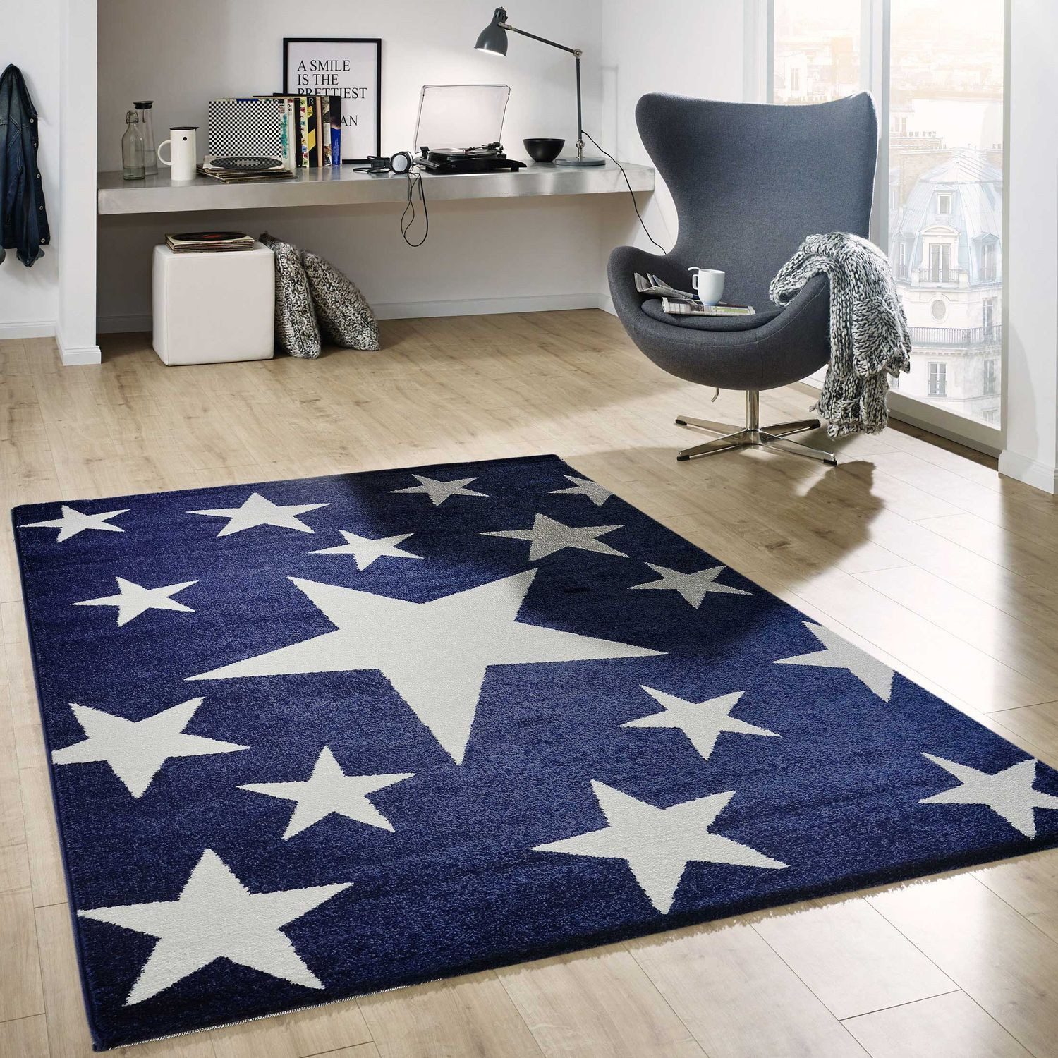 Vimoda Kinderteppich Blau Sterne Design, dicht, günstig online kaufen