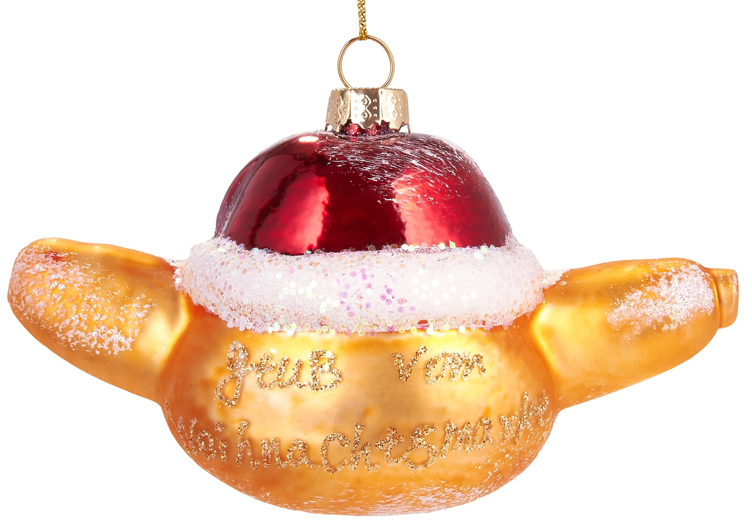 BRUBAKER Christbaumschmuck Handbemalte Weihnachtskugel Wurst im Brötchen, "Gruß vom Weihnachtsmarkt" Weihnachtsanhänger aus Glas, mundgeblasenes Unikat - Lustige Weihnachtskugel 12 cm