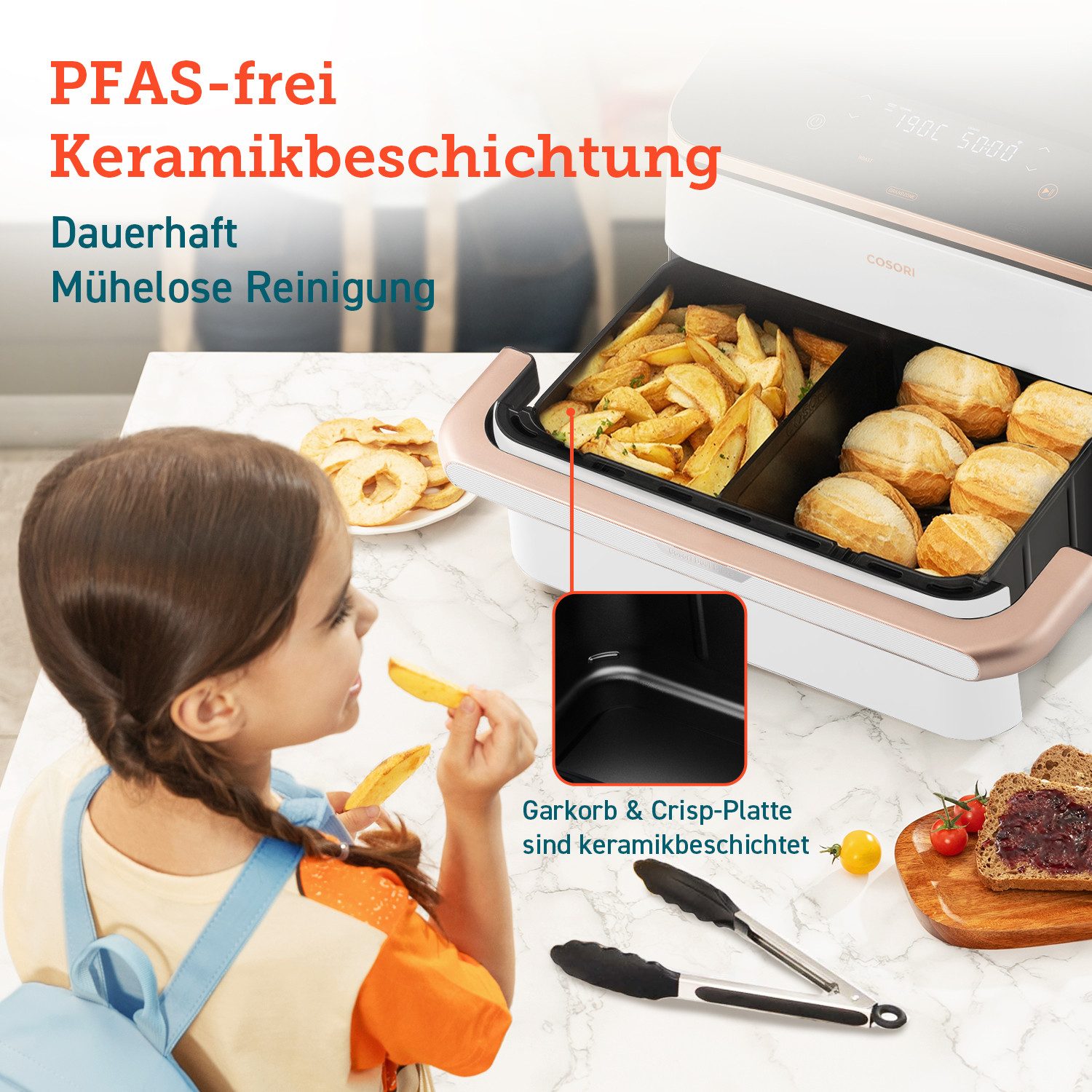 Cosori Heißluftfritteuse DualBlaze TwinFry CAF-TF101S, 10L Airfryer, 2 Kammern mit herausnehmbarem Trenner, 2800 W, 45 % sparsamer, Online-Rezepte, WiFi, 6-in-1, Keramikbeschichtung