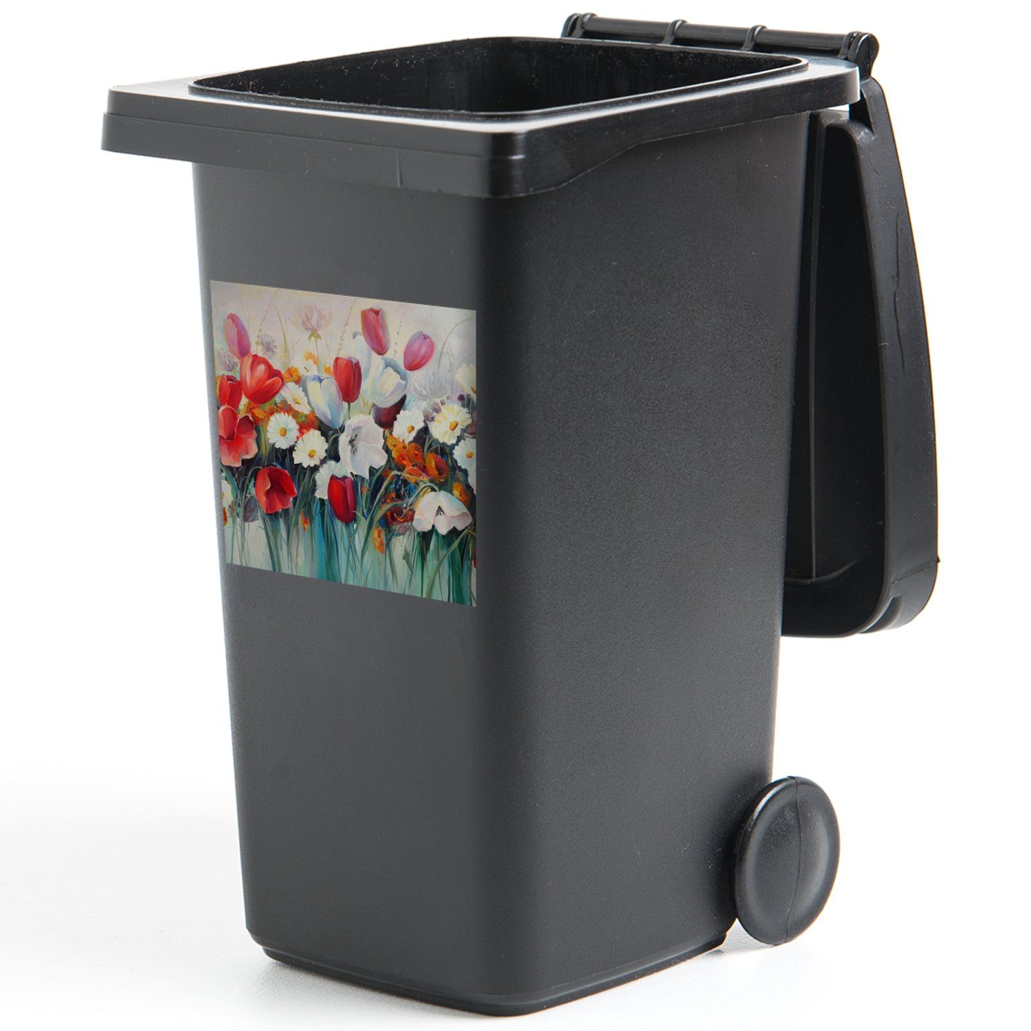 Sticker, Mülltonne, St), - Ölgemälde Container, Abfalbehälter - (1 Malerei Wandsticker Mülleimer-aufkleber, MuchoWow Blumen