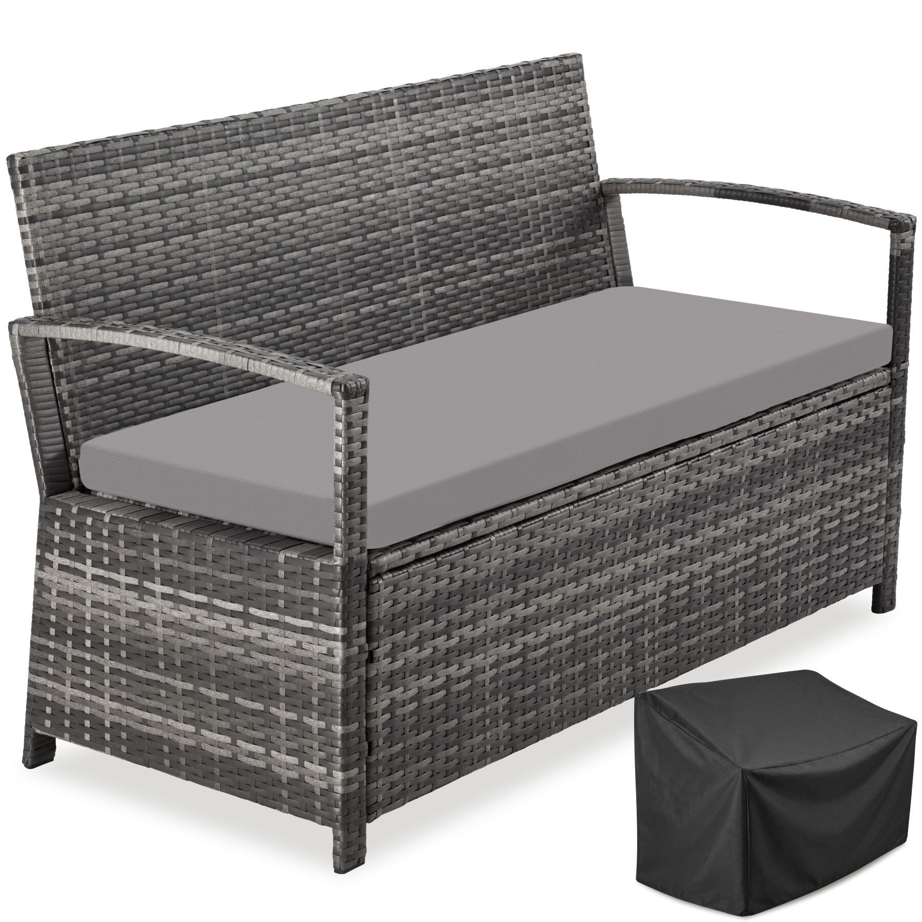 tectake Gartenbank Polyrattanbank 2-Sitzer wetterfest mit Stauraum und Schutzabdeckung (Terrassenbank Vecchia, in Grau), Belastbarkeit 250 kg, Inkl. Sitzpolster und Montagematerial