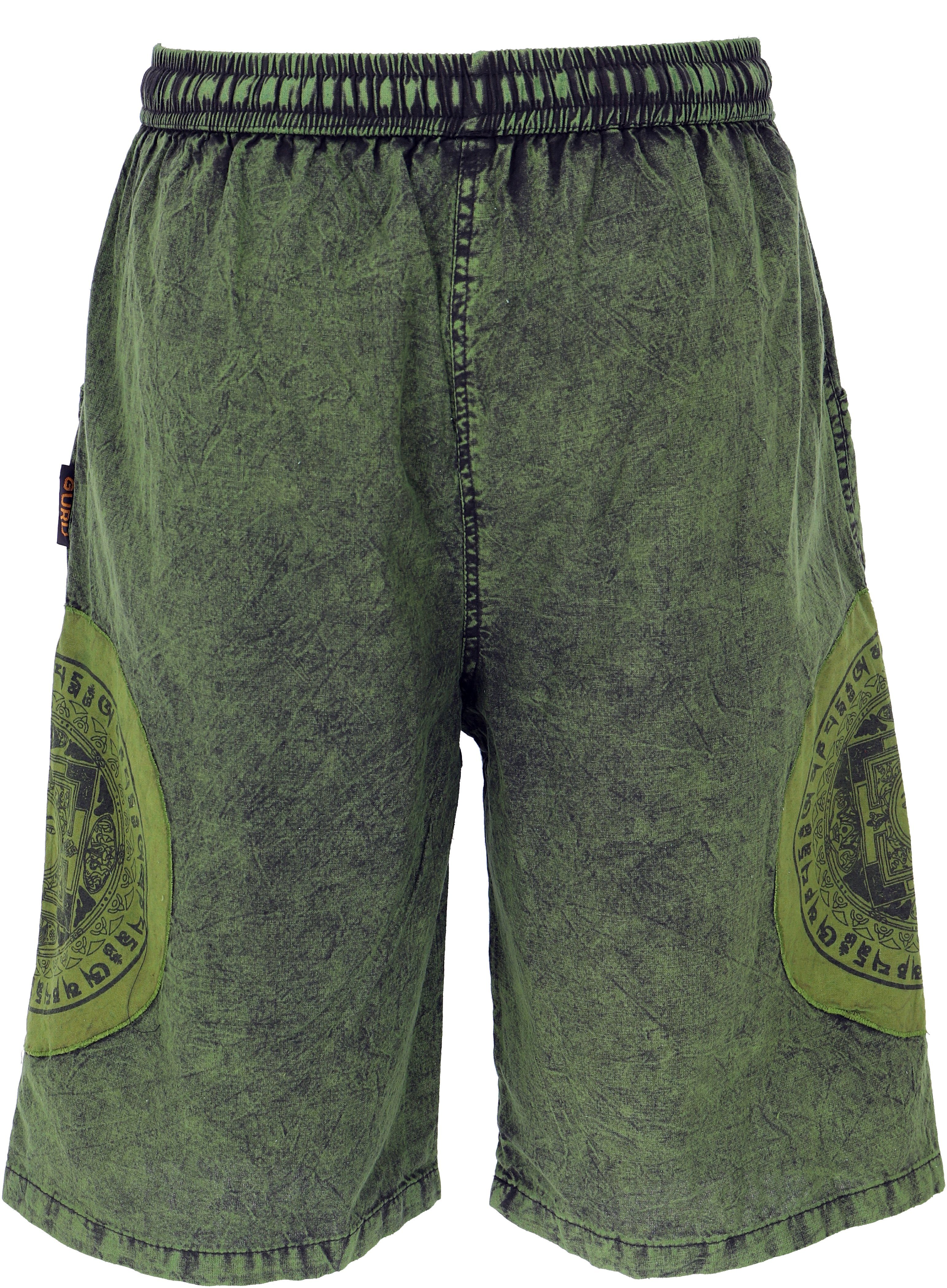Guru-Shop Relaxhose Ethno Bekleidung Style, Shorts.. Patchwork Ethno Yogashorts, Hippie, alternative grün Stonwasch