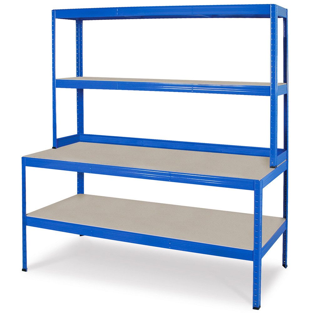 BRB-Lagertechnik Werkbank Packtisch/Werkbank mit Aufbau, HxBxT 1800 x 1800 x 600 mm, blau, Robuster Arbeitstisch / Packtisch / Werktisch / Montagetisch