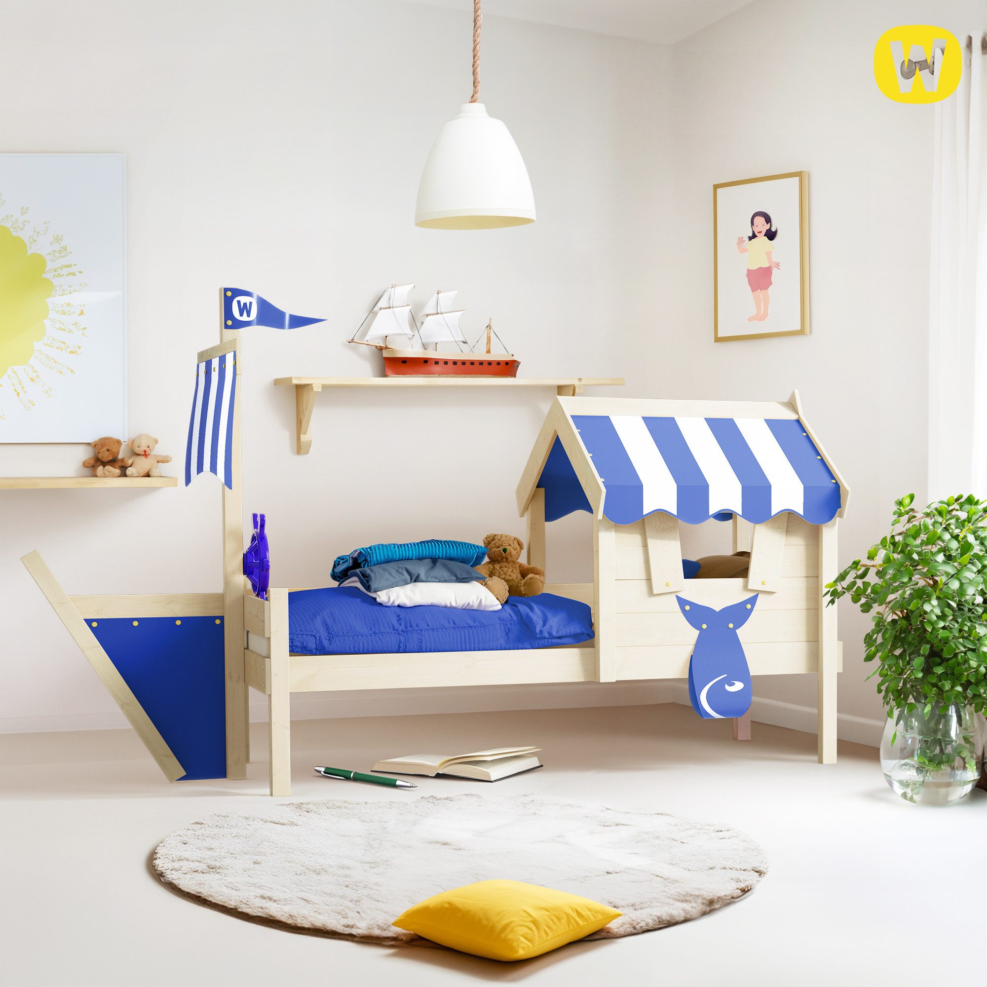 Wickey Kinderbett CrAzY Finny Abenteuerbett mit Schiffsanbau aus Massivholz (Set, Spielbett mit Schiffsthema), inklusive massiver 18 mm Lattenboden
