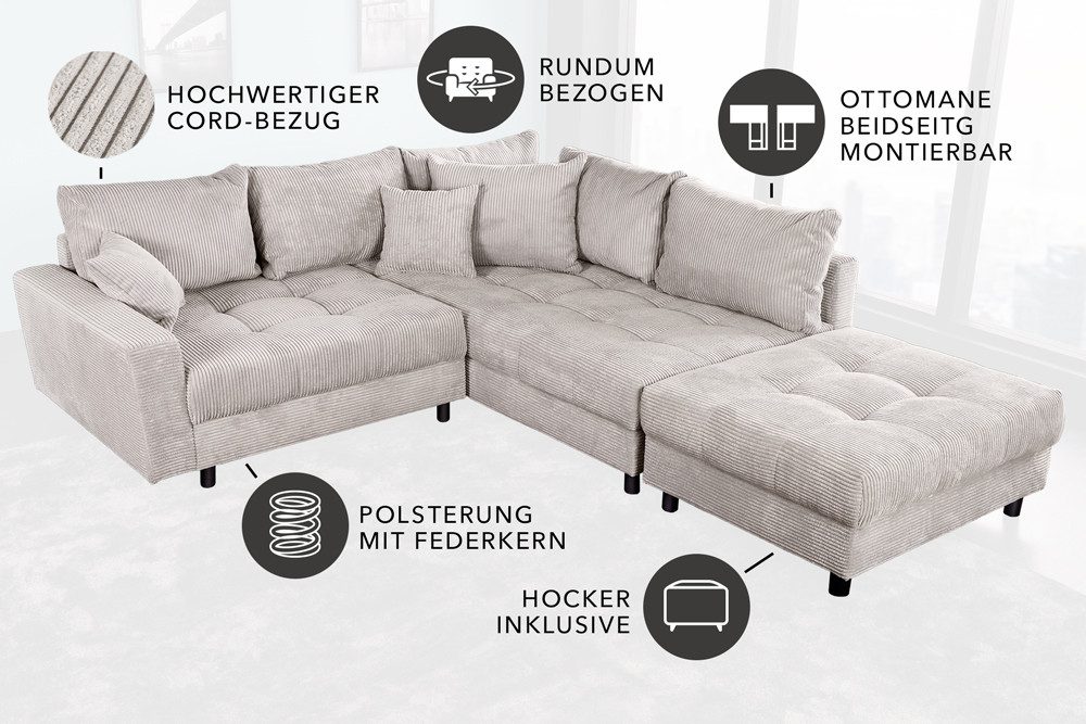 riess-ambiente Ecksofa KENT 220cm beige schwarz - Cord, L-Form, Federkern, FSC-zertifiziert, Einzelartikel 1 Teile, Moderne Wohnlandschaft inkl. Hocker - ideal  – Bild 5 von 5