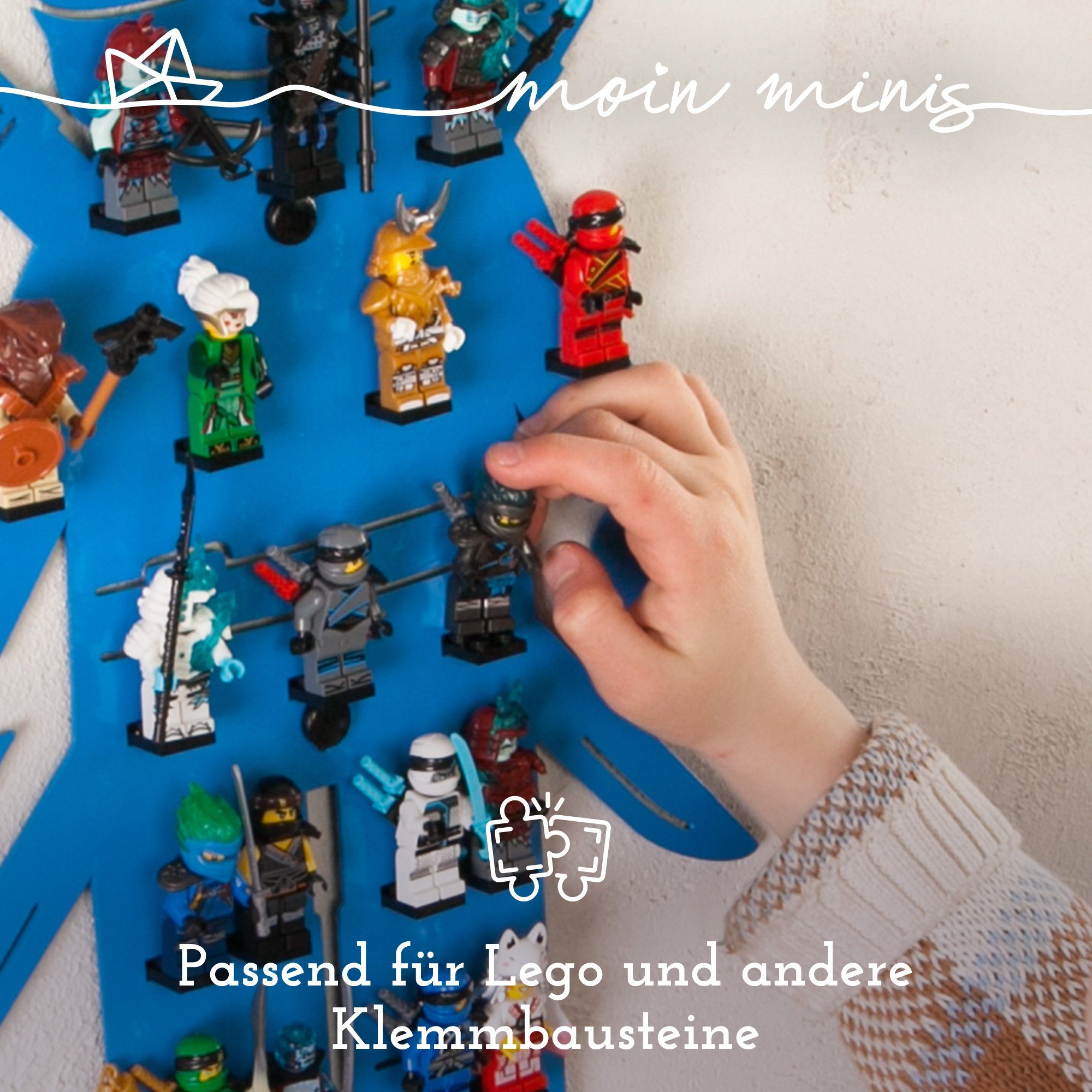 moin minis Wandregal moin minis Regal 18 Kinderzimmer Ninja für Minifiguren Klemmbaus Blau