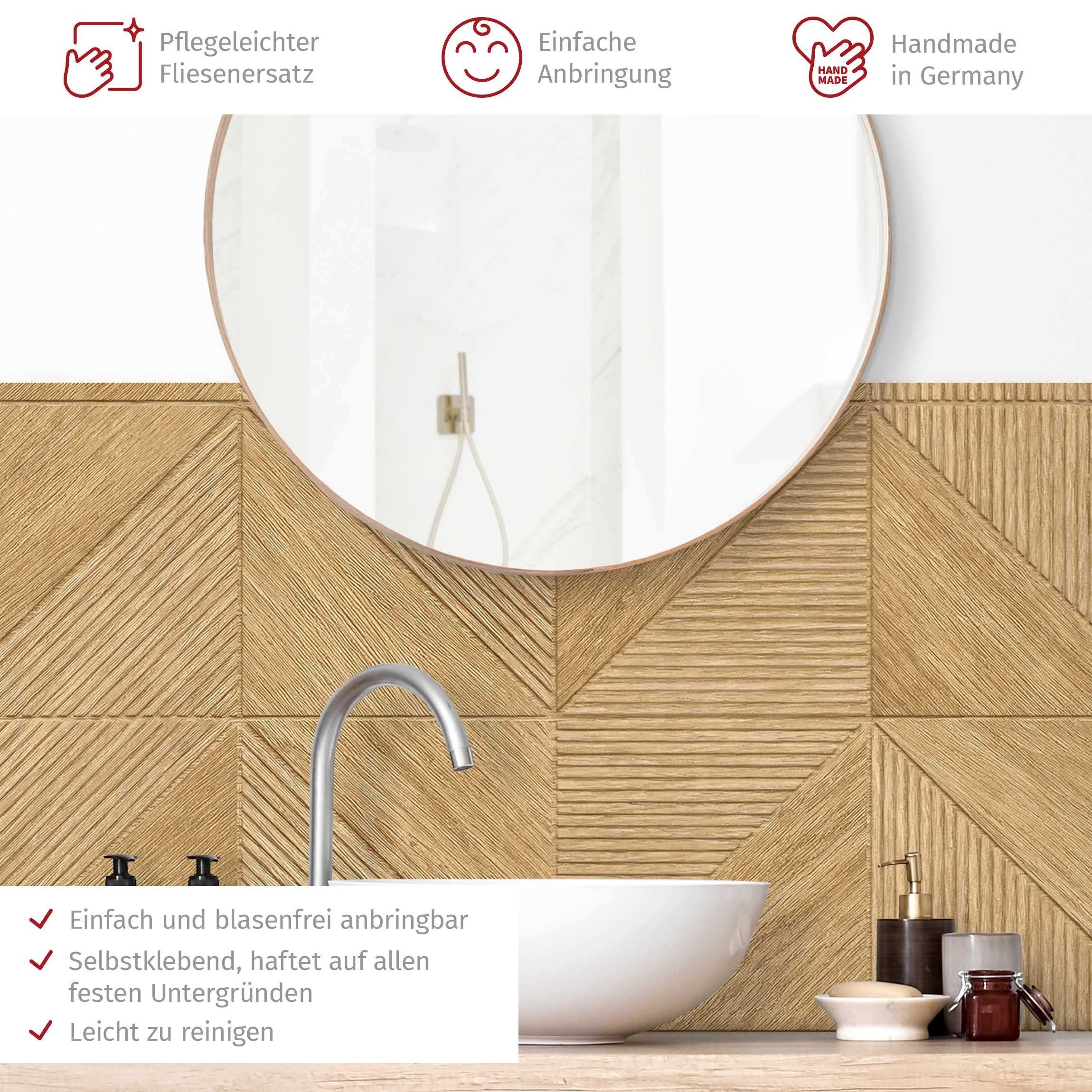 Bilderdepot24 Badrückwand braun fugenlose Wandverkleidung Bad mit Motiv, (Hartfolie matt » Selbstklebend SMART 0,35 mm), wasserfestes Wandpaneel Holz-Dreiecke