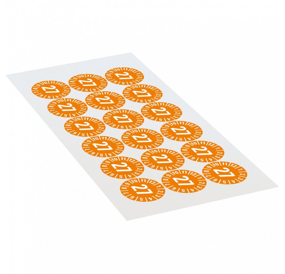 Thumbnail - Dreifke Hinweisschild Prüfplakette 27, orange, Schachbrettfolie, selbstklebend, Ø 30mm, 18 S