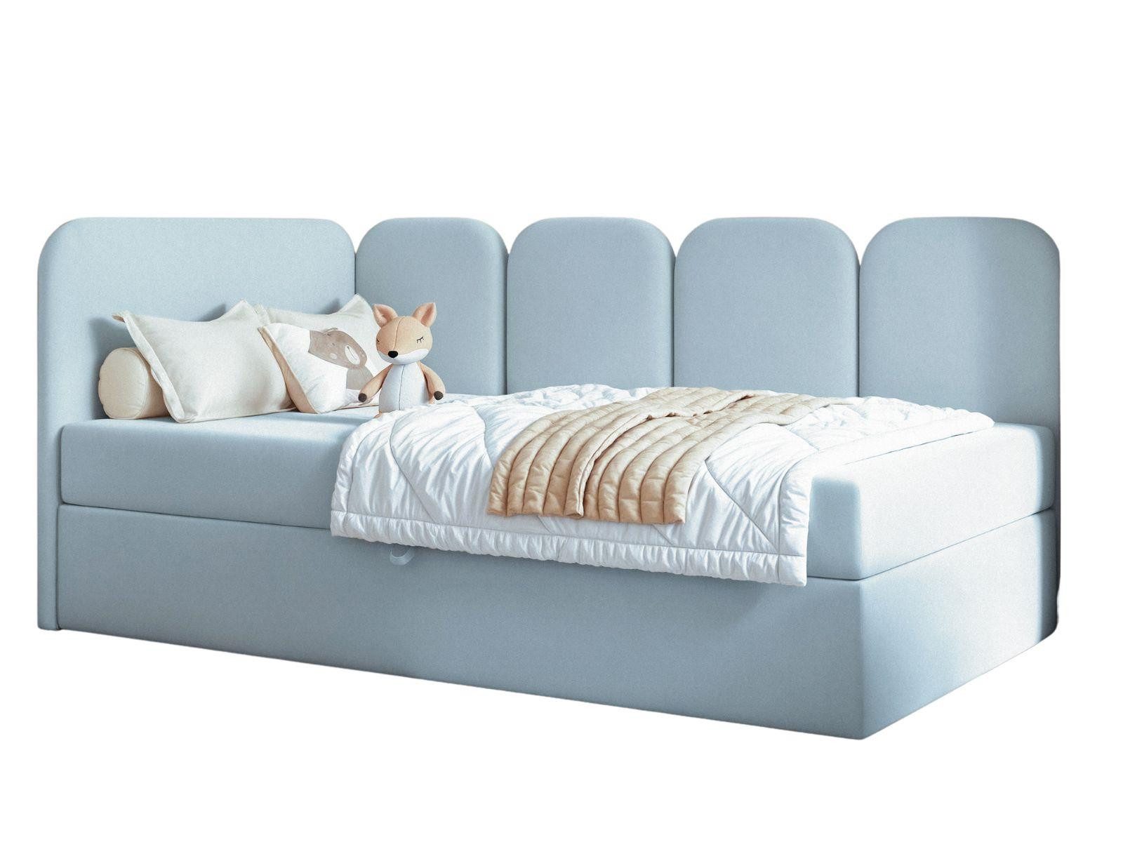 Compleo Boxspringbett Jugendbett DREAMY, Polsterbett mit Bettkasten, 80/90/100/120x200, Kopfteil links oder rechts, Boucle oder Velvet