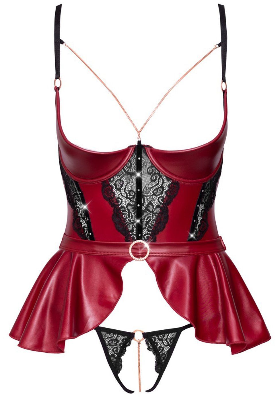 Abierta Fina Set: Bügel-BH Deluxe Dessous Set im Mattlook mit feiner Spitze - rot, schwarz Busenfrei