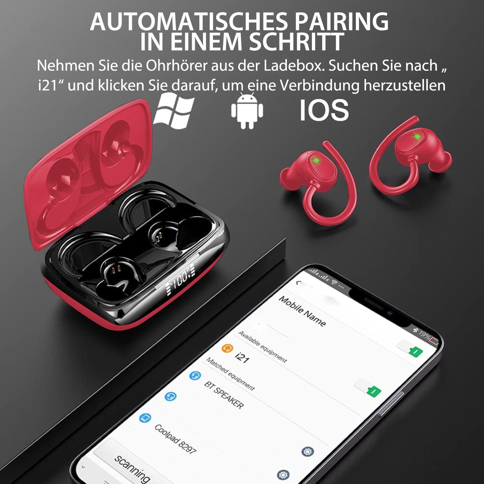 Sportkopfhörer, Rauschunterdruckung, Rot ENC 5.3 Yuede (Immersives mit Earbuds CVC8.0) LED-Ladebox, Ohrbügeln Bluetooth Kabellos Kopfhorer HD In-Ear-Kopfhörer Anruf, mit HIFI-Stereo, Bluetooth