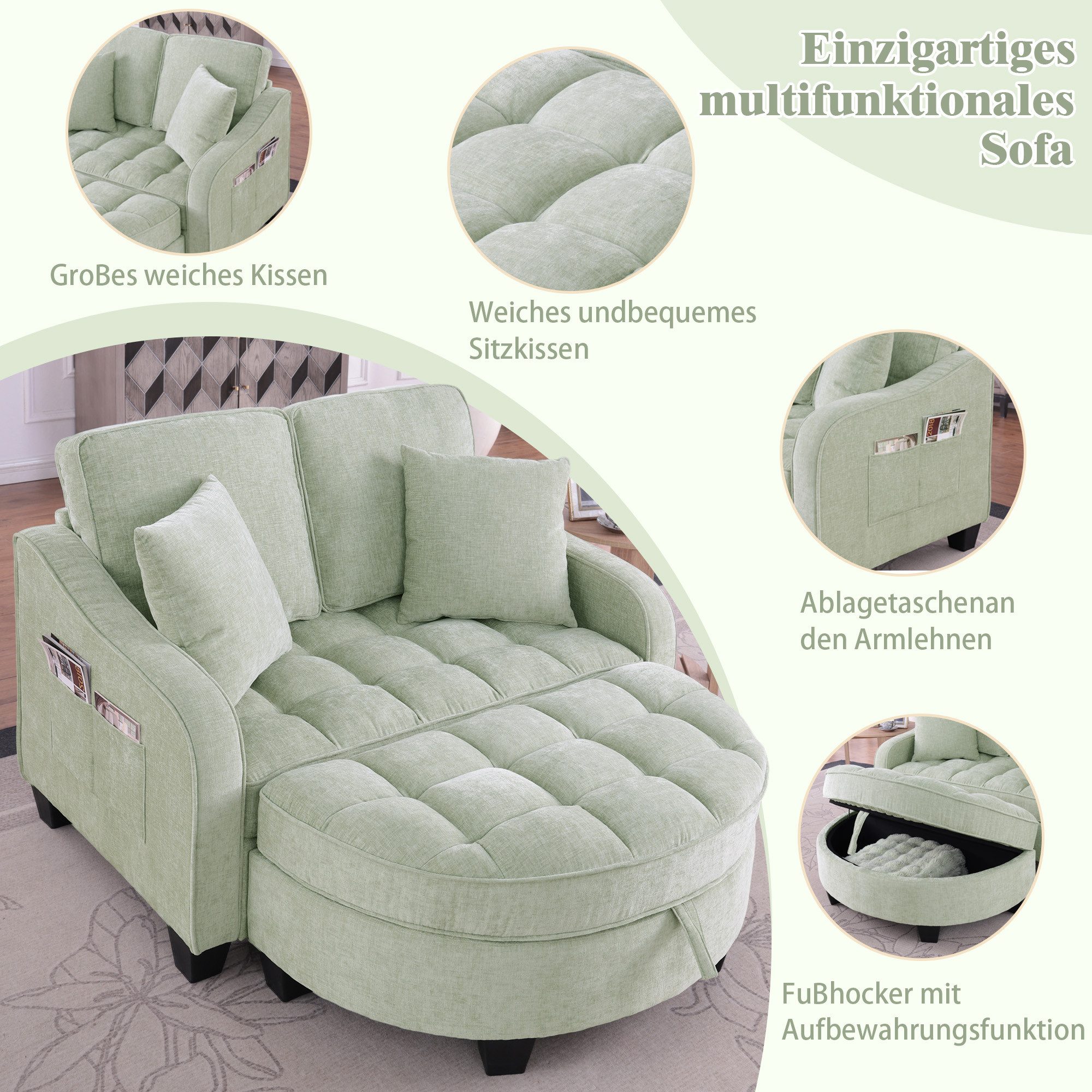 Odikalo Schlafsofa Multifunktionales Platzsparend 3-in-1 Sofa-Bett Aufbewahrungs-Hocker, mit Schlaffunktion und Stauraum, 3-in-1-Sofa mit Liegefunktion – Bild 5 von 5