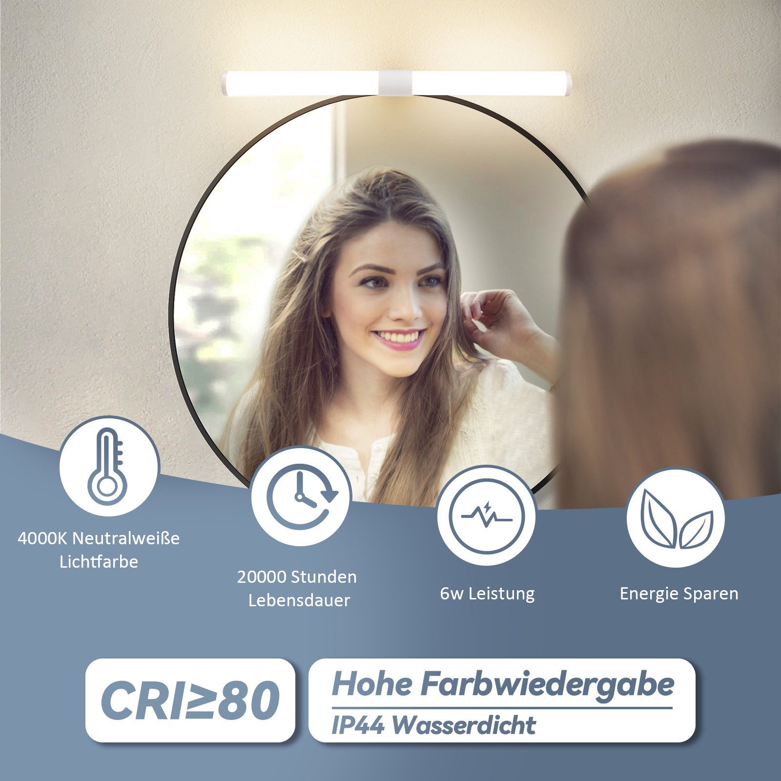 Glitzerlife Spiegelleuchte Weiß LED Spiegelleuchte - 40CM 6W Badlampe Wand Klemmbar IP44 Wasserdicht 4000K Neutralweiß Moderne Badlampe Für Badschrank Keller Küche_voghion.com