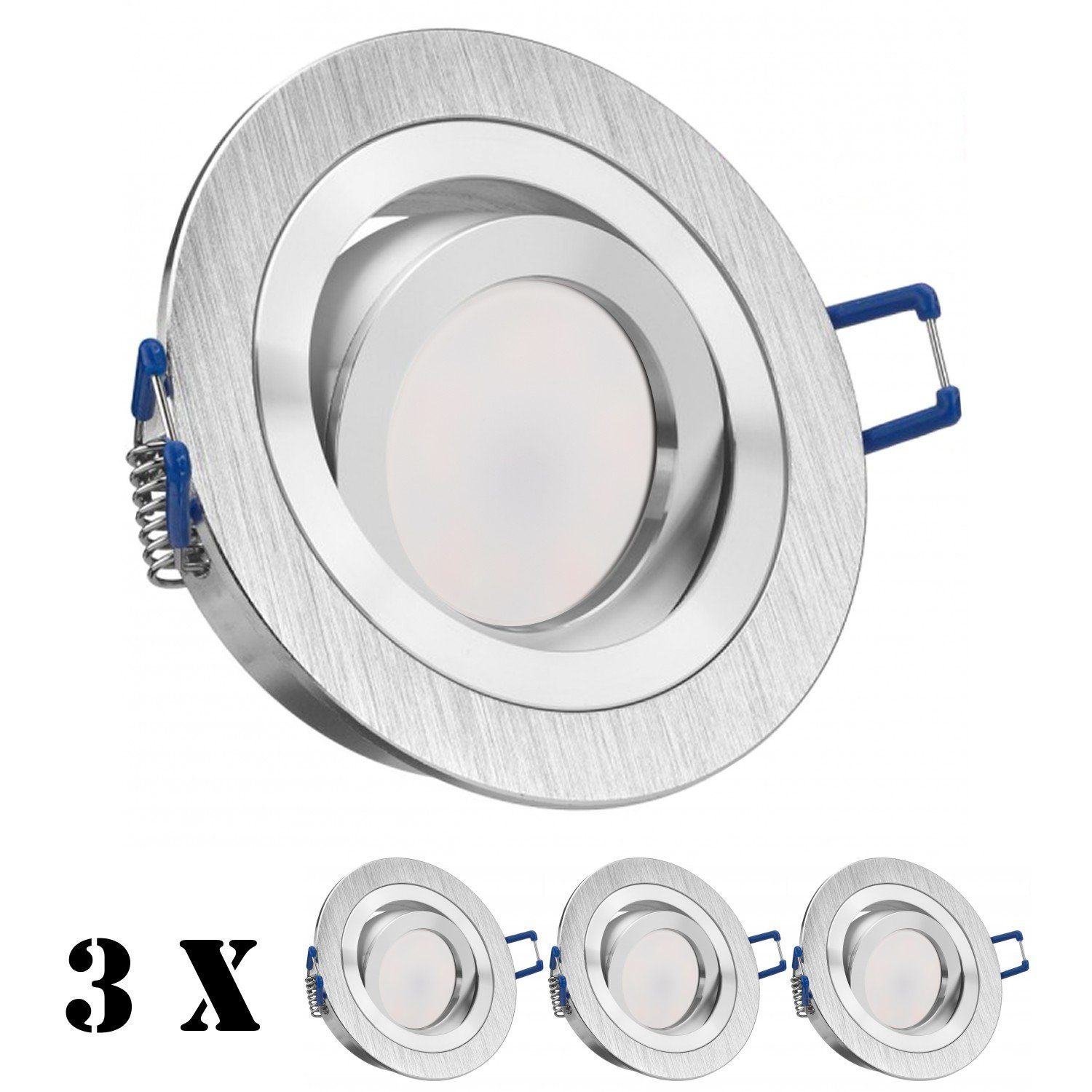 LEDANDO LED Einbaustrahler 3er LED Set gebürstet extra aluminium mit 5W Einbaustrahler L in flach