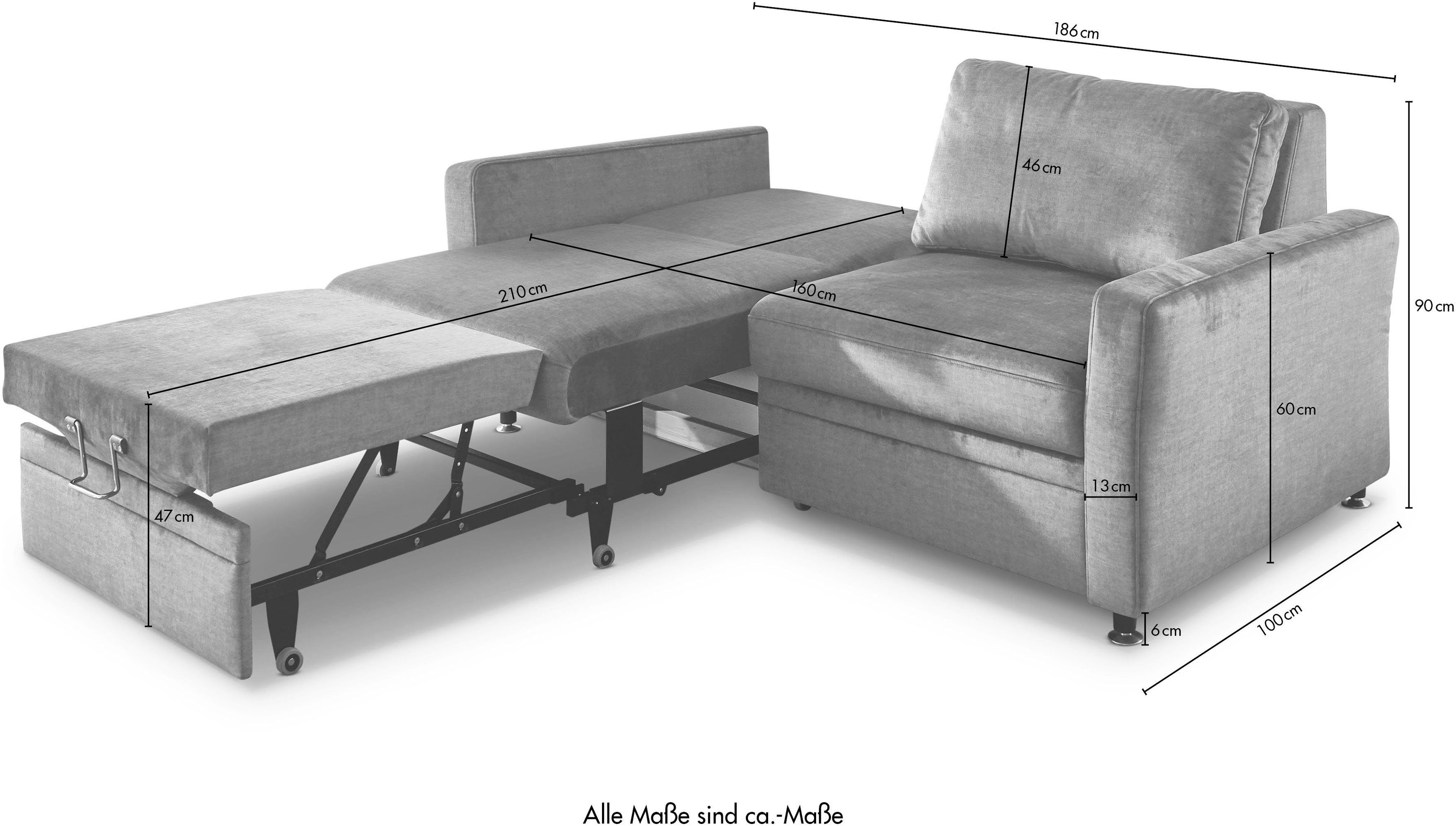 Schlafsofa mit MP-PD19021, 80 Längsschläferfunktion PlanBar cm 160x210 alu bzw. Die