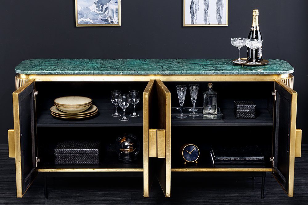 riess-ambiente Sideboard VENEZIANO 160cm messing/grün - Marmorplatte, Mango, Massivholz, Metall (Einzelartikel, 1 St), Kommode im Retro-Design - ideal für Wohnz – Bild 3 von 5
