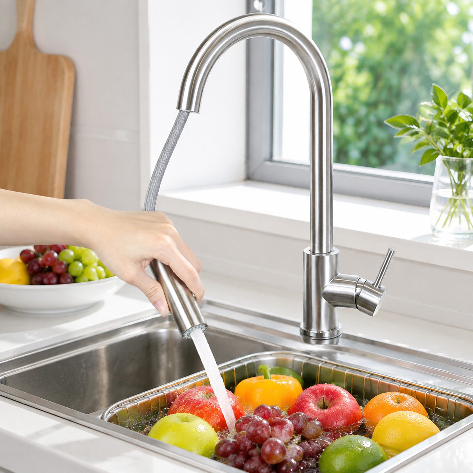 Ledklang Küchenarmatur ausziehbar Schwarz/silber 2-in-1 Wasserhahn Brausekopf Pendelbrause (1-St) Edelstahl-Optik hoher Auslauf 360° schwenkbar für Spüle & Waschbecken