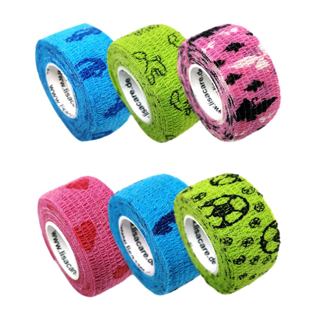 LisaCare Wundpflaster Selbsthaftender Fingerverband - Fingerpflaster/Bandage (Kinder-Set, 6 St., Auto, Hund, Fußball, Schmetterling, Herz & Pferd / 2,5cm x 4,5m), Perfekt für Kinder!