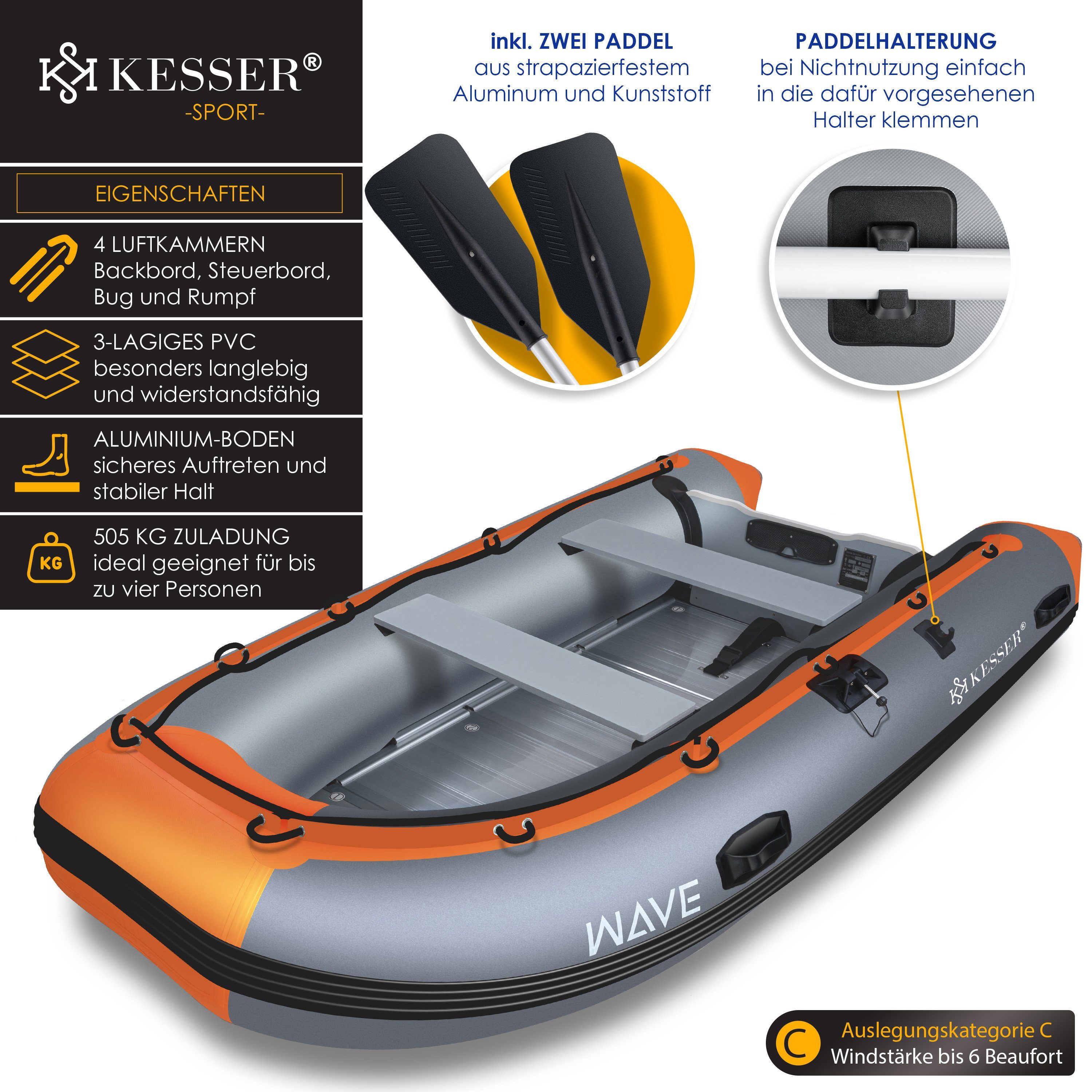 KESSER Schlauchboot aufblasbares Paddelboot für 4 Personen, motorisierbar, 3,20m, WAVE Motor geeignet