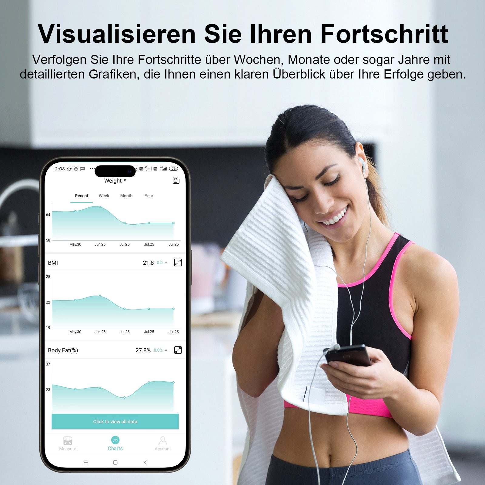 Healthkeep Personenwaage mit 8 Elektrodenmit App Intelligent für 18 analysierte Körperdaten, großem LED-Display, Für Android und iOS Apps. Max. 180kg/400lb/28st – Bild 5 von 5