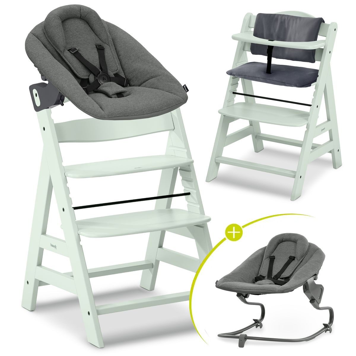 Hauck Hochstuhl Alpha Plus Newborn Set Premium - Mint, Holz Babyhochstuhl ab Geburt inkl. Neugeborenenaufsatz & Sitzauflage