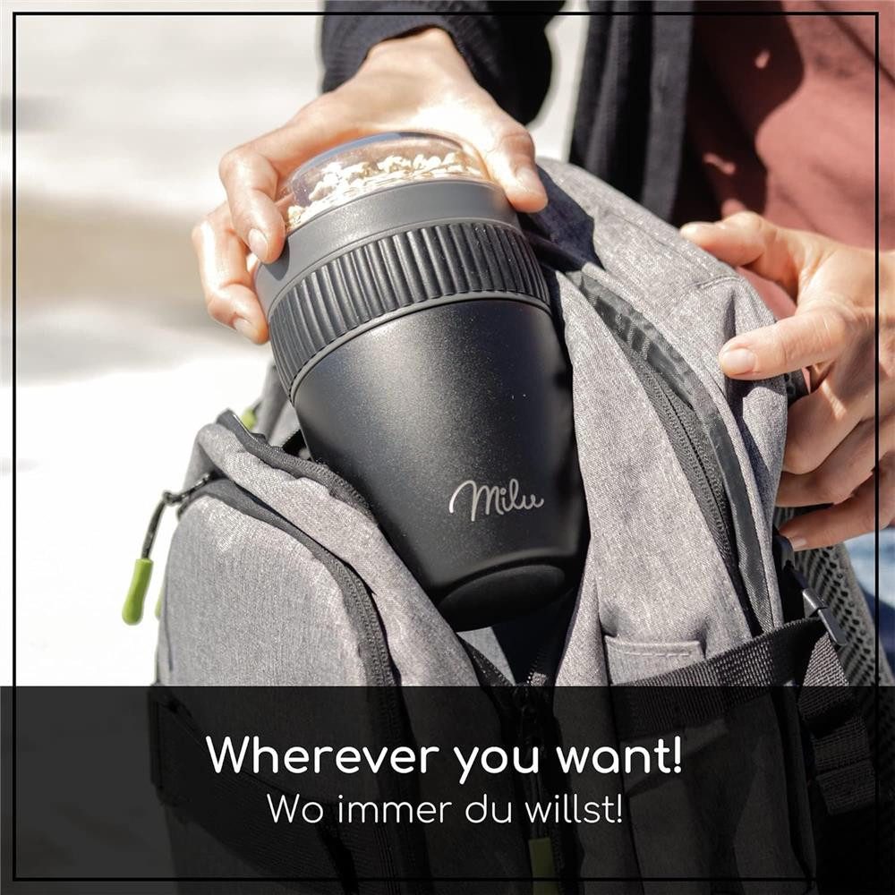 Milu Müslibox Müslibecher To Go Edelstahl 400 ml, isoliert, auslaufsicher, Müslimax Set