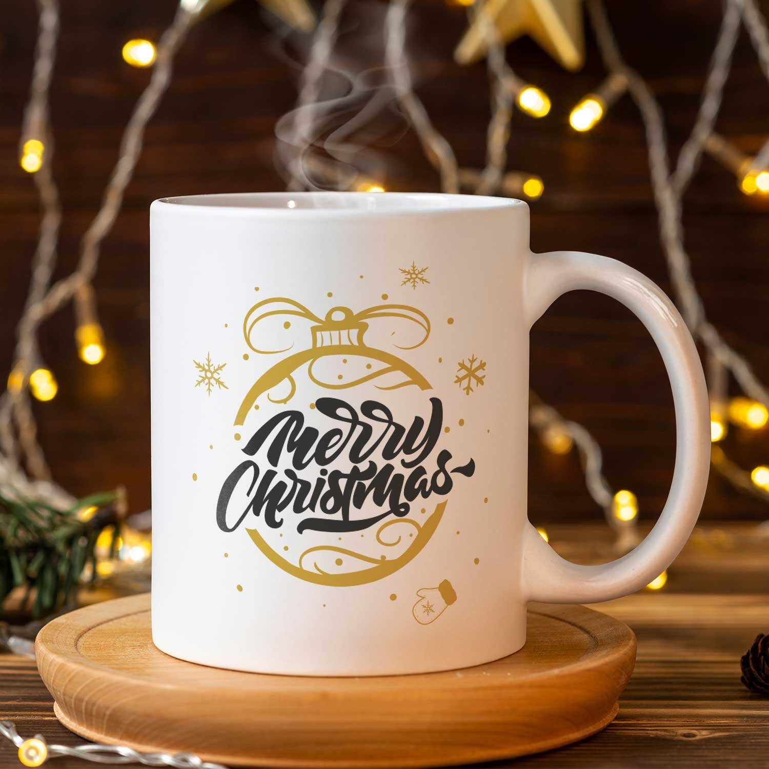 GRAVURZEILE Tasse mit Gold Geschenke Weihnachtsmotiv zu - Weihnachten, Spülmaschinenfest Frauen - & Männer Weiß - für Weihnachtskugel