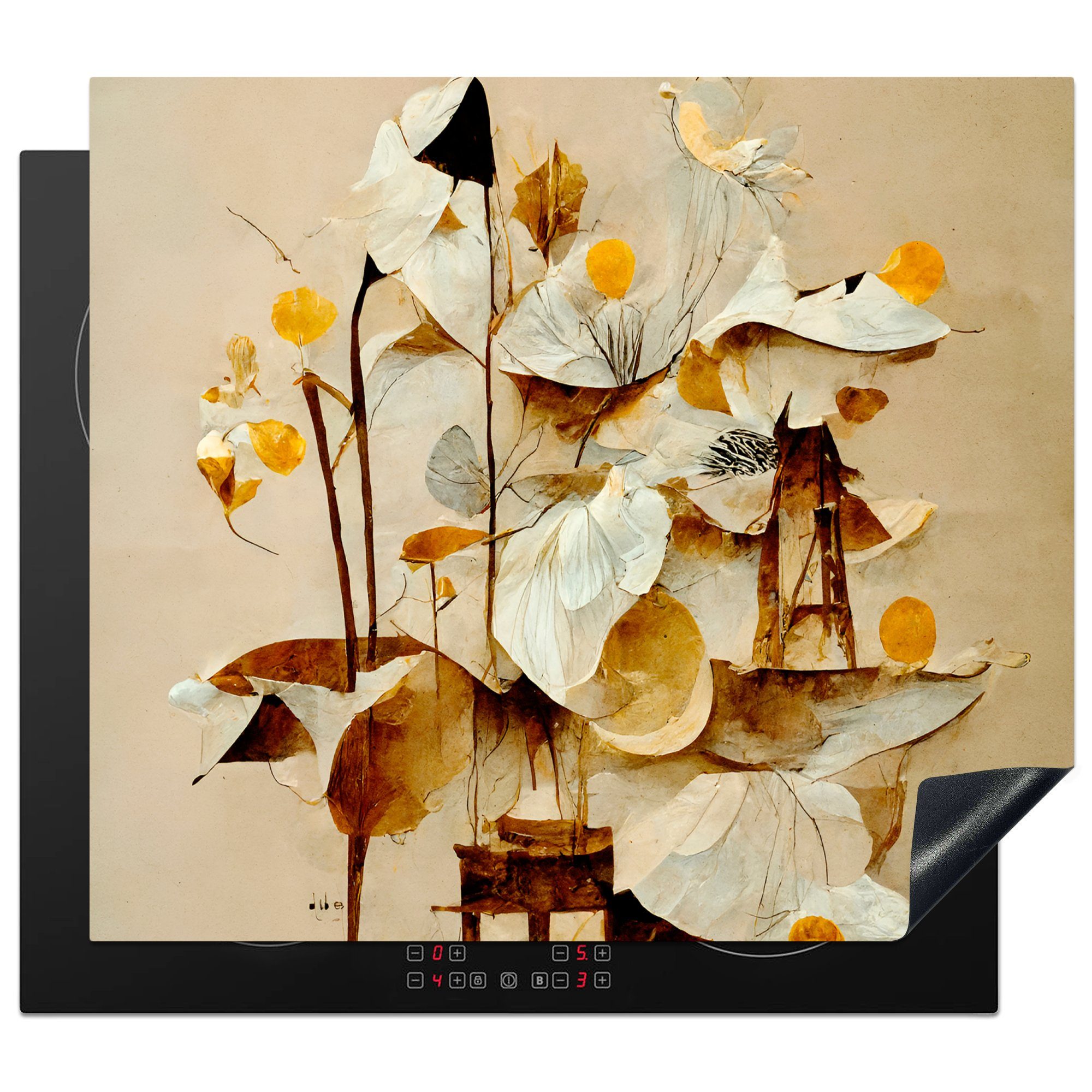 MuchoWow Herdblende-/Abdeckplatte Blumen - Weiß - Pflanzen - Vintage, Vinyl, (1 tlg), 60x52 cm, Mobile Arbeitsfläche nutzbar, Ceranfeldabdeckung
