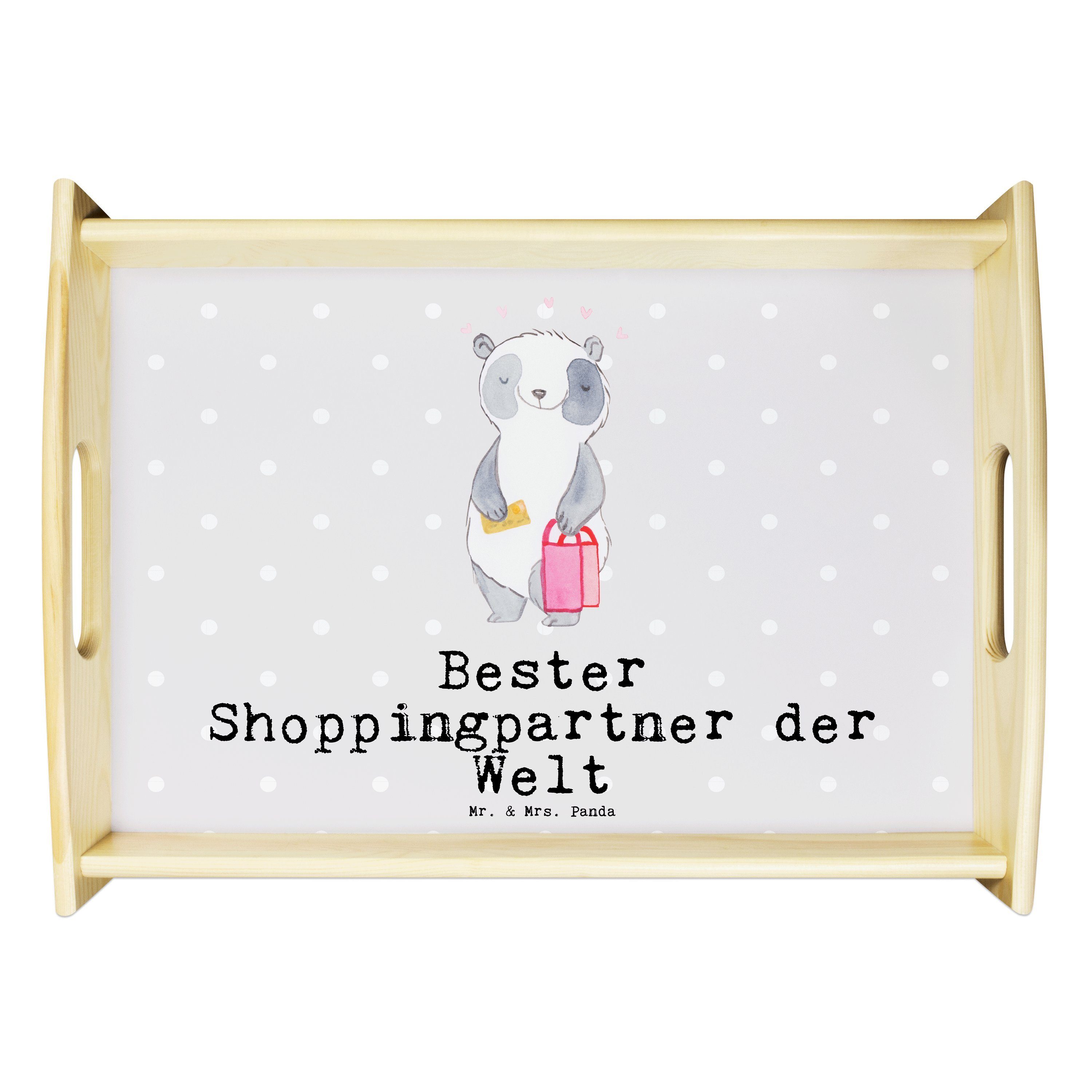 Shoppingpartner Pastell - Panda Welt Mrs. Geschenk, Tablett Grau Panda & (1-tlg) der Bester Küch, Echtholz - lasiert, Mr.