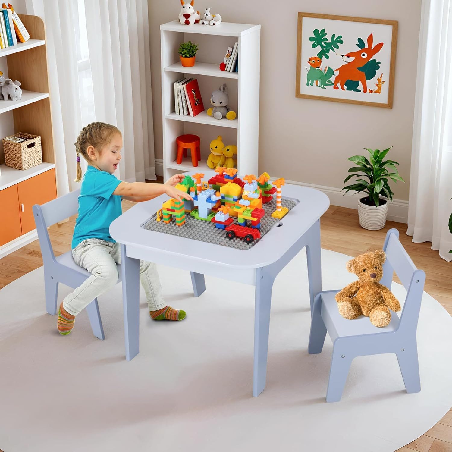 TLGREEN Kindertisch 4-in-1 Multifunktionstisch Set mit 2 Stühlen (Doppelseitenplatte (Maltisch/Bauplatte) und Stauraum, Kindermöbel für Kinderzimmer, Stauraum), Ideal für 3-7 Jahre