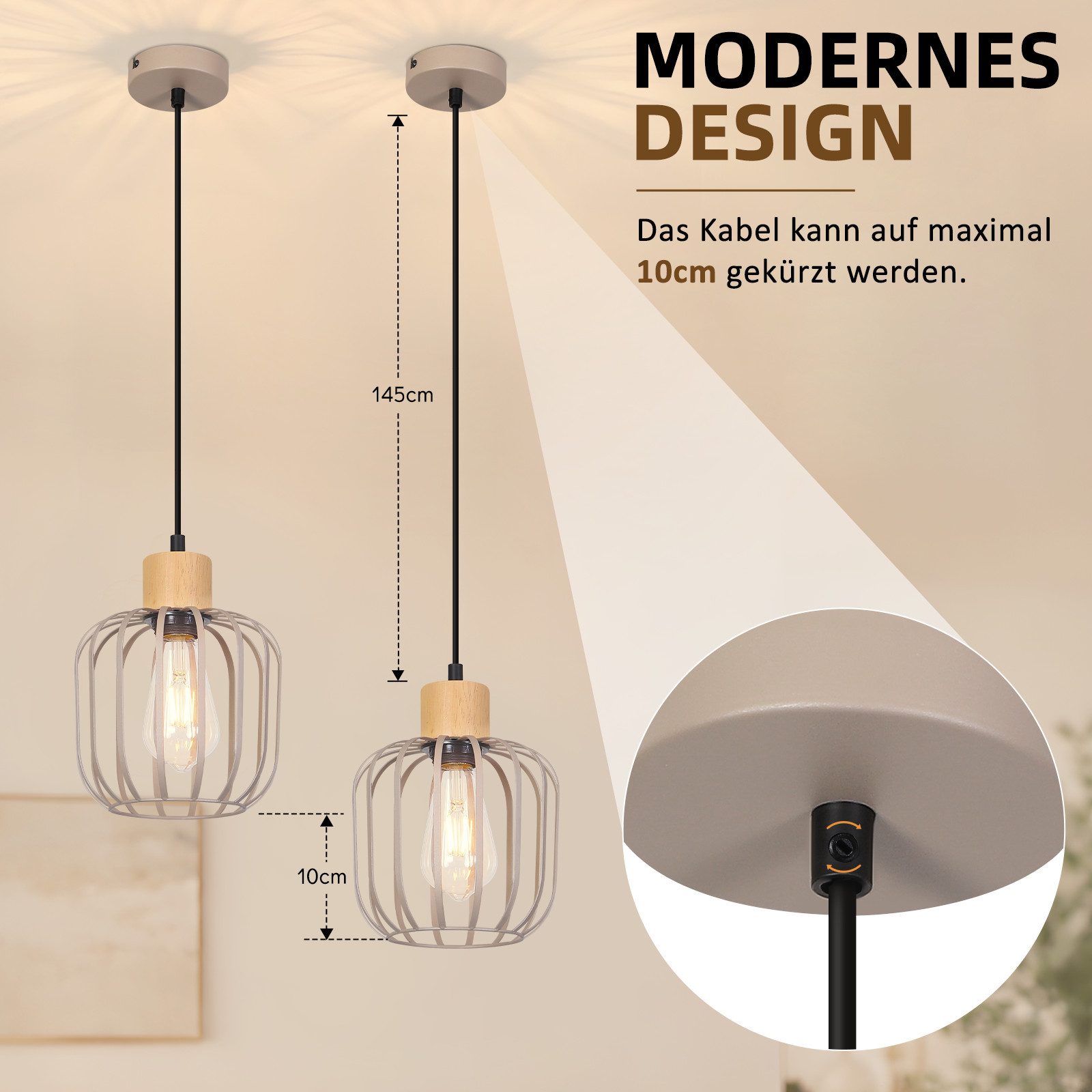Nettlife Pendelleuchte Weiß/grau 1/3flammig Holz moderne Hängelampe E27 Fassung, ohne Leuchtmittel, für Esstisch Wohnzimmer Küche Flur Kücheninsel – Bild 4 von 5