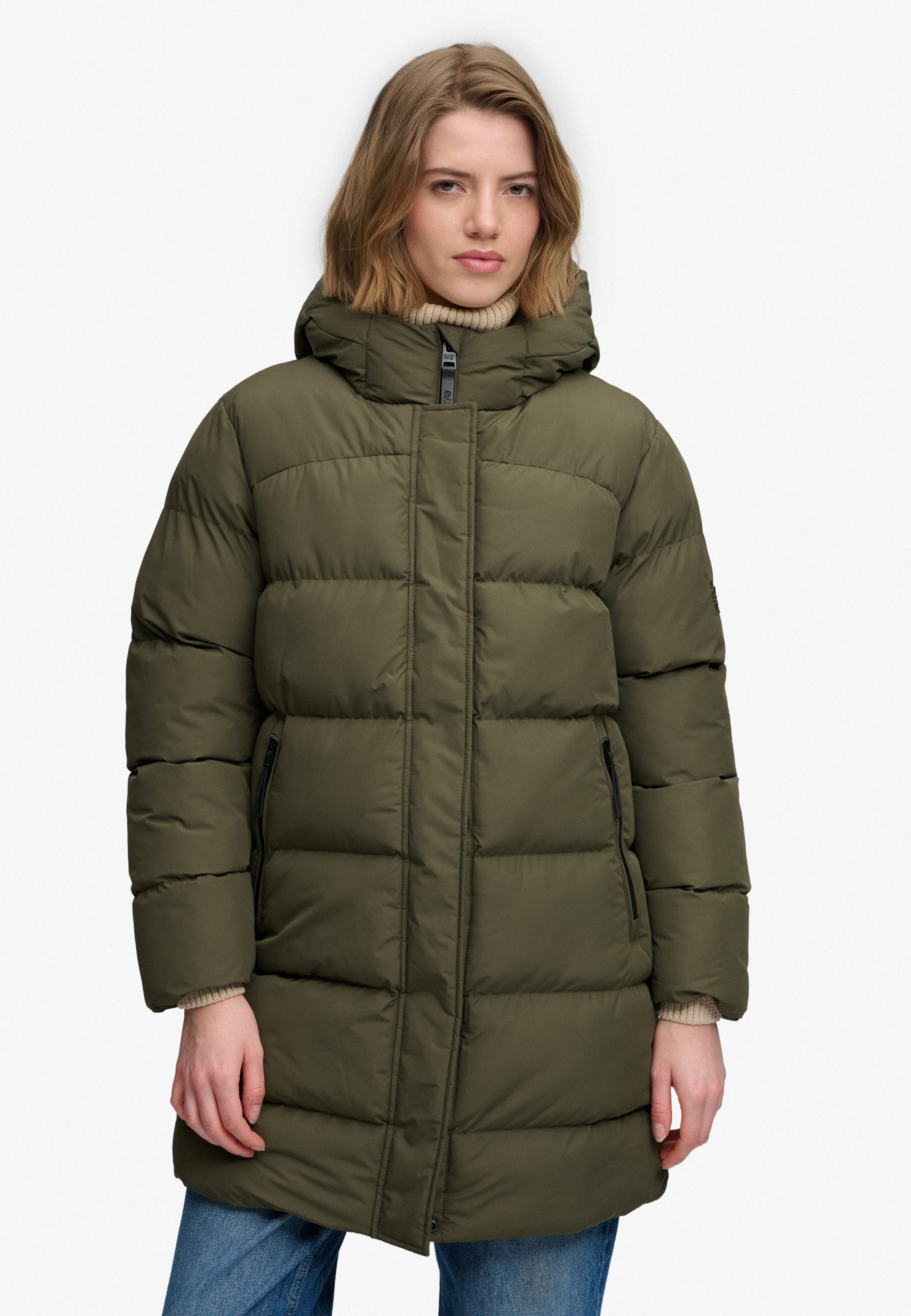 Superdry Steppjacke HOODED SPORTS PUFFER MID JKT Kunstfaser, relaxed fit