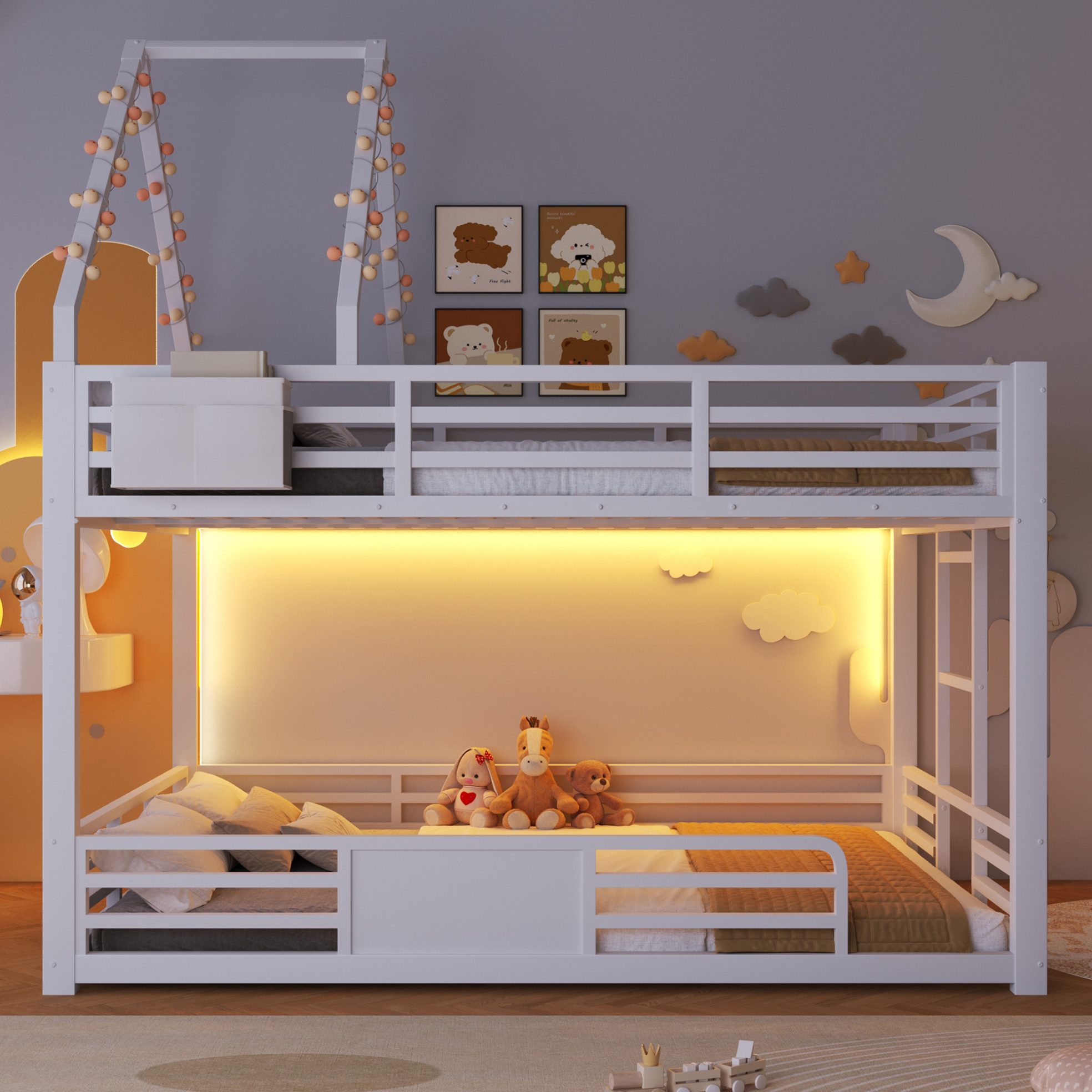 OKWISH Hochbett 140x200 cm Etagenbett Metall Weiß mit Hausbett Gestaltung (Packung, 1-St., Schlafbett mit Sicherheitsgeländer ohne Matratze fürs Kinderzimmer) Kinderbett mit LED Beleuchtung Dachrahmen und Stofftaschen