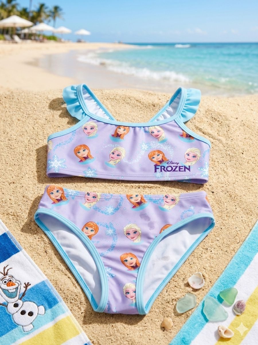 Disney Frozen Bustier-Bikini Frozen Mädchen Bikini Set – Zweiteiliger Badeanzug Lila/Blau Kinder 2 teiliger Mädchen Badeanzug