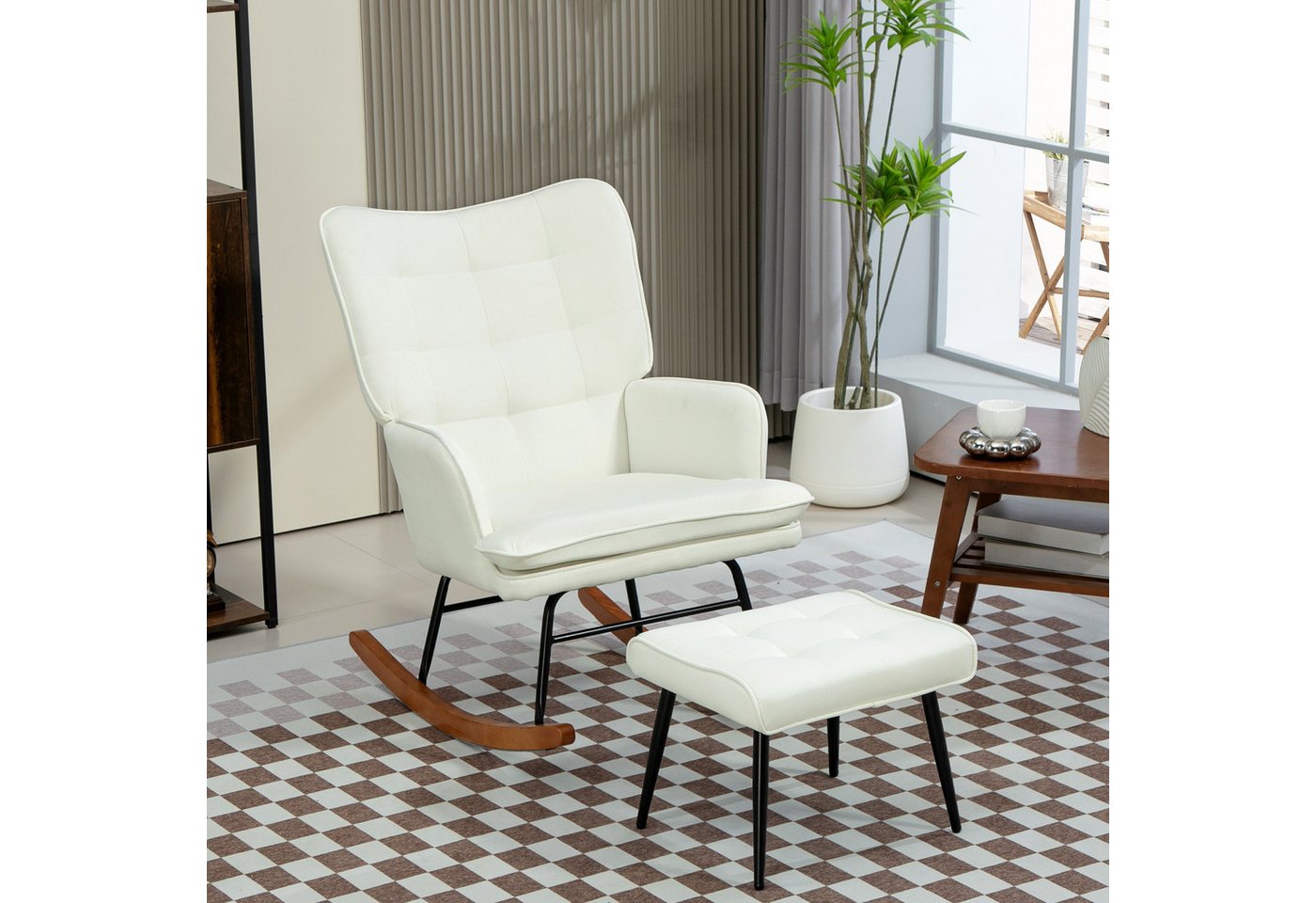 HOMCOM Schaukelsessel Schaukelstuhl mit Hocker, Sessel mit Leinenoptik (Schaukelstuhl, 2-St., Schwingsessel), für Wohnzimmer, Schlafzimmer, 64L x 89B x 90H cm, Cremeweiß